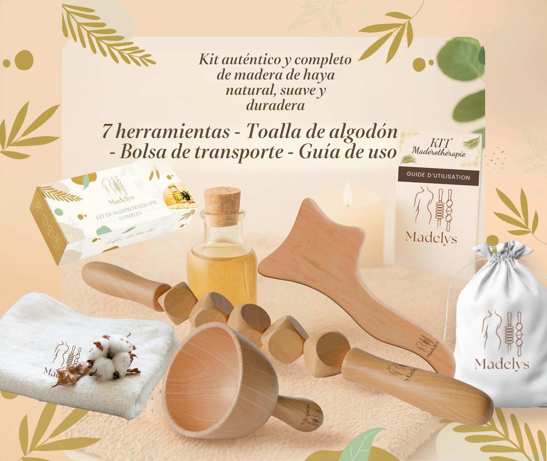 Kit Completo de Maderoterapia Corporal Anticelulitis – Herramientas de Masaje en Madera de Haya Certificada FSC® | Drenaje Linfático, Vientre Plano | Wood Therapy Premium MADELYS®