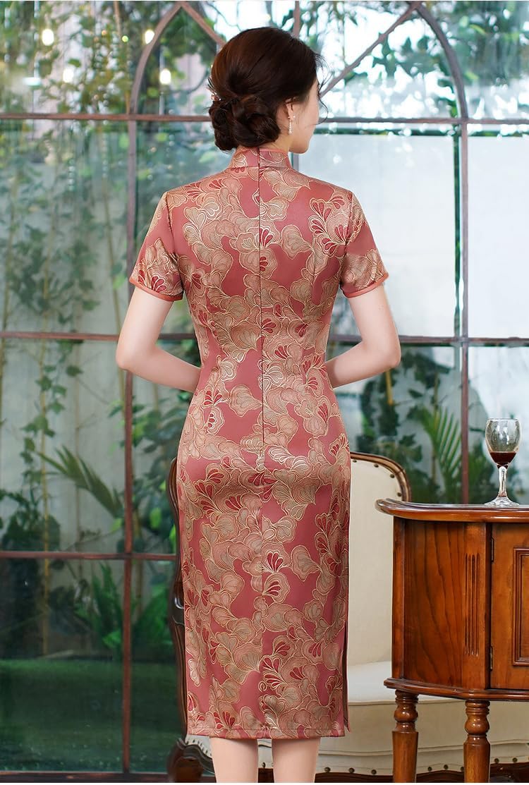 HEARTTOUCH Women Qipao Chinese Style Cheongsam Elegant Flower Print Midi Dress Mandarin Collar Bodycon Party Cocktail Dress