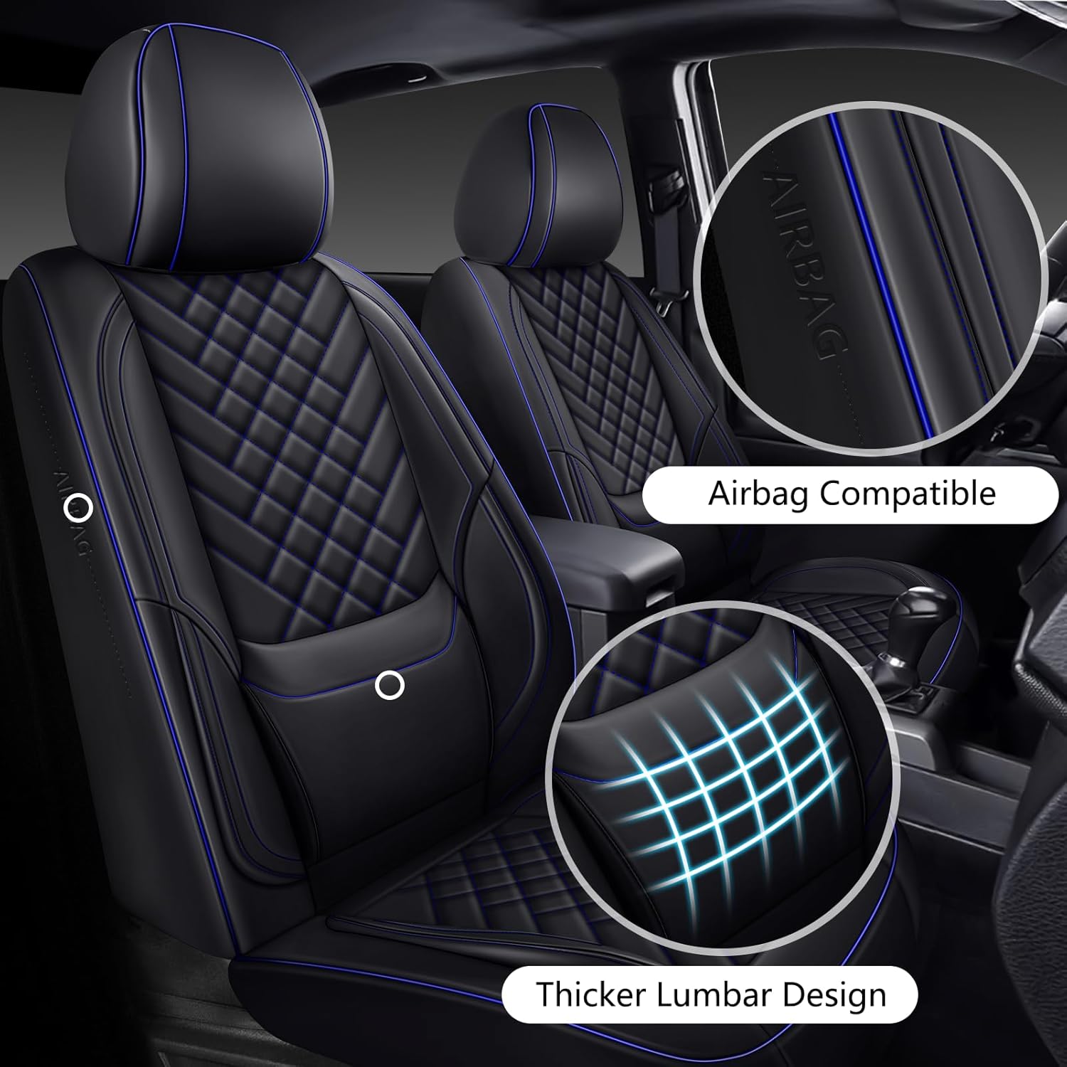 Tacoma Seat Covers Full Set 2016-2023, Leather Pickup Truck Seat Covers with Lumbar Support Custom Fit for Toyota Tacoma Double/Crew Cab SR SR5 TRD Sport TRD Off-Road TRD Pro(Black Blue)