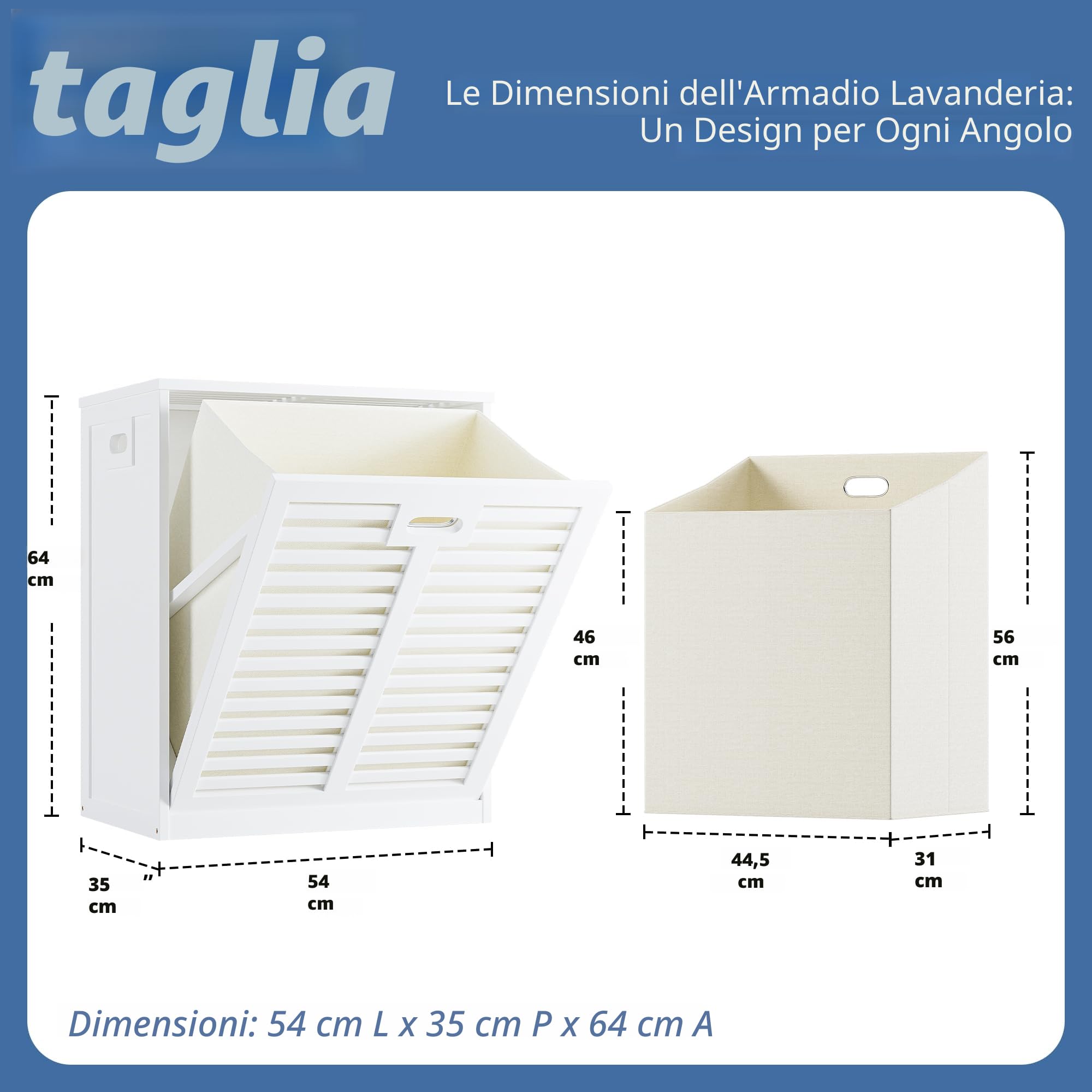 HITNET Mobile Bagno con Portabiancheria, Mobiletto Bagno Salvaspazio da Terra in Bambù con Portabiancheria, Sacco Interno Rimovibile con Maniglie per Lavanderia e Camera da Letto, Bianco