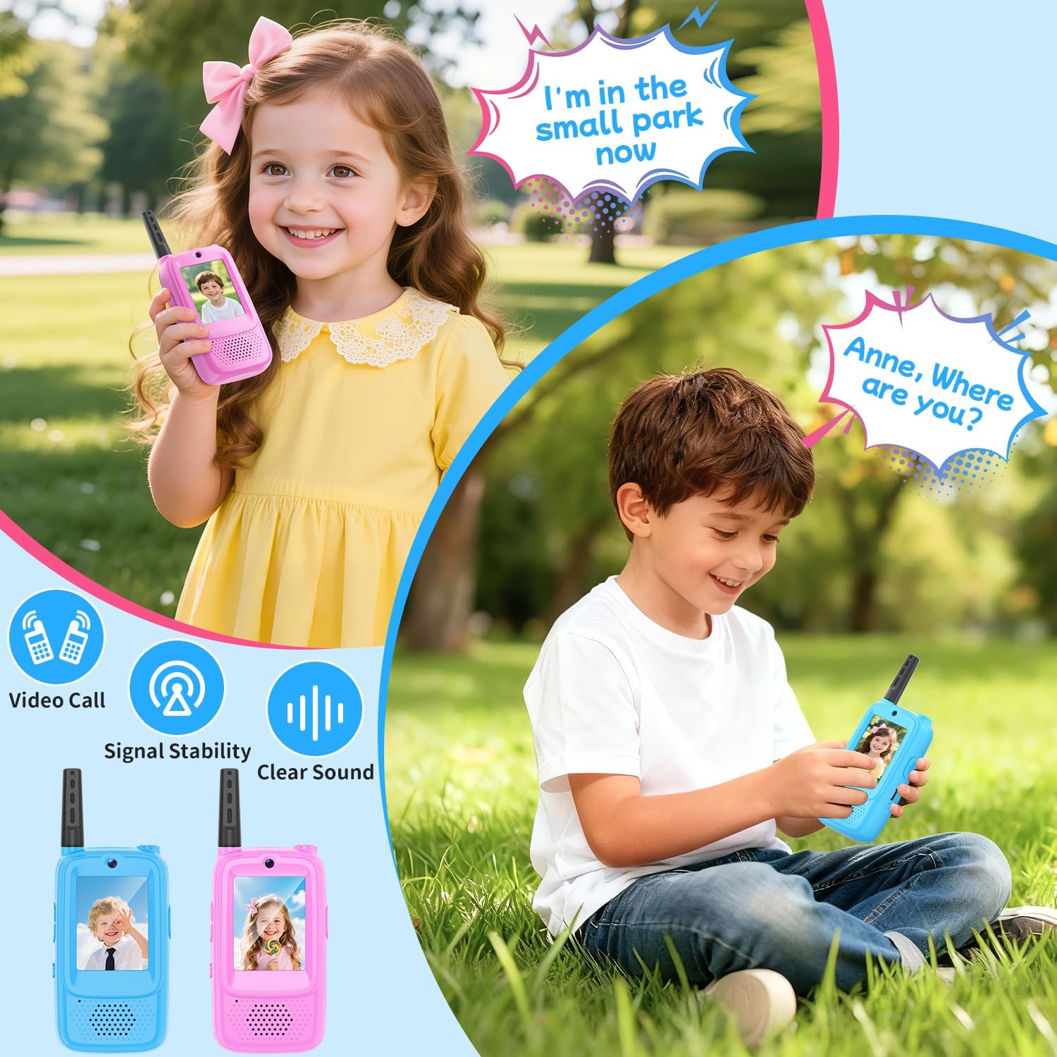 Talkies-Walkies Vidéo pour Enfants, Lot de 2, Rechargeables, à Double Caméra, Appairage Un à Un, Portée de 500m, Cadeaux Parfaits pour garçons et Filles de 3 à 12 Ans (Bleu/Rose)