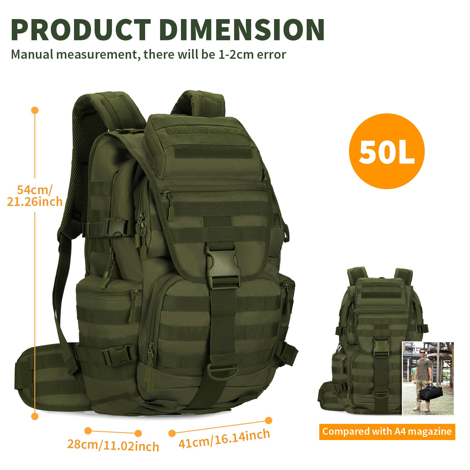HUNTVP Wanderrucksack 50L Militar Rucksack Herren MOLLE Taktischer Rucksack Trekkingrucksack für Herren Damen Outdoor Wandern Trekking Camping