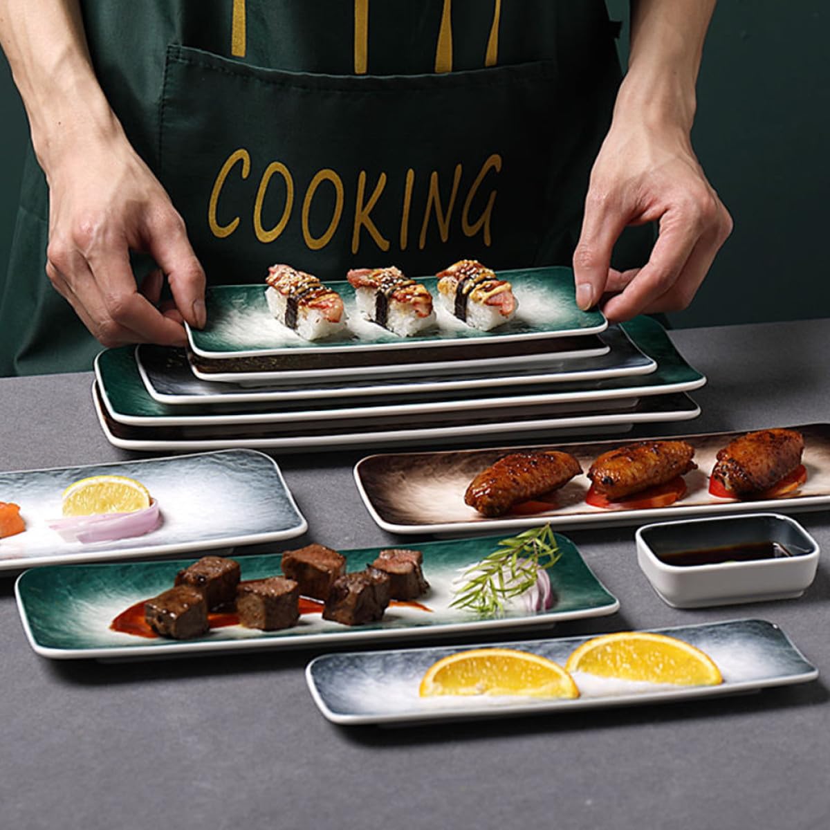 Vajilla de Cerámica Diseño Práctico y Acabado Fino Estilo Japonés 2 Platos Rectangulares para Sushi y Sashimi Adecuado para Fiestas y Uso Familiar