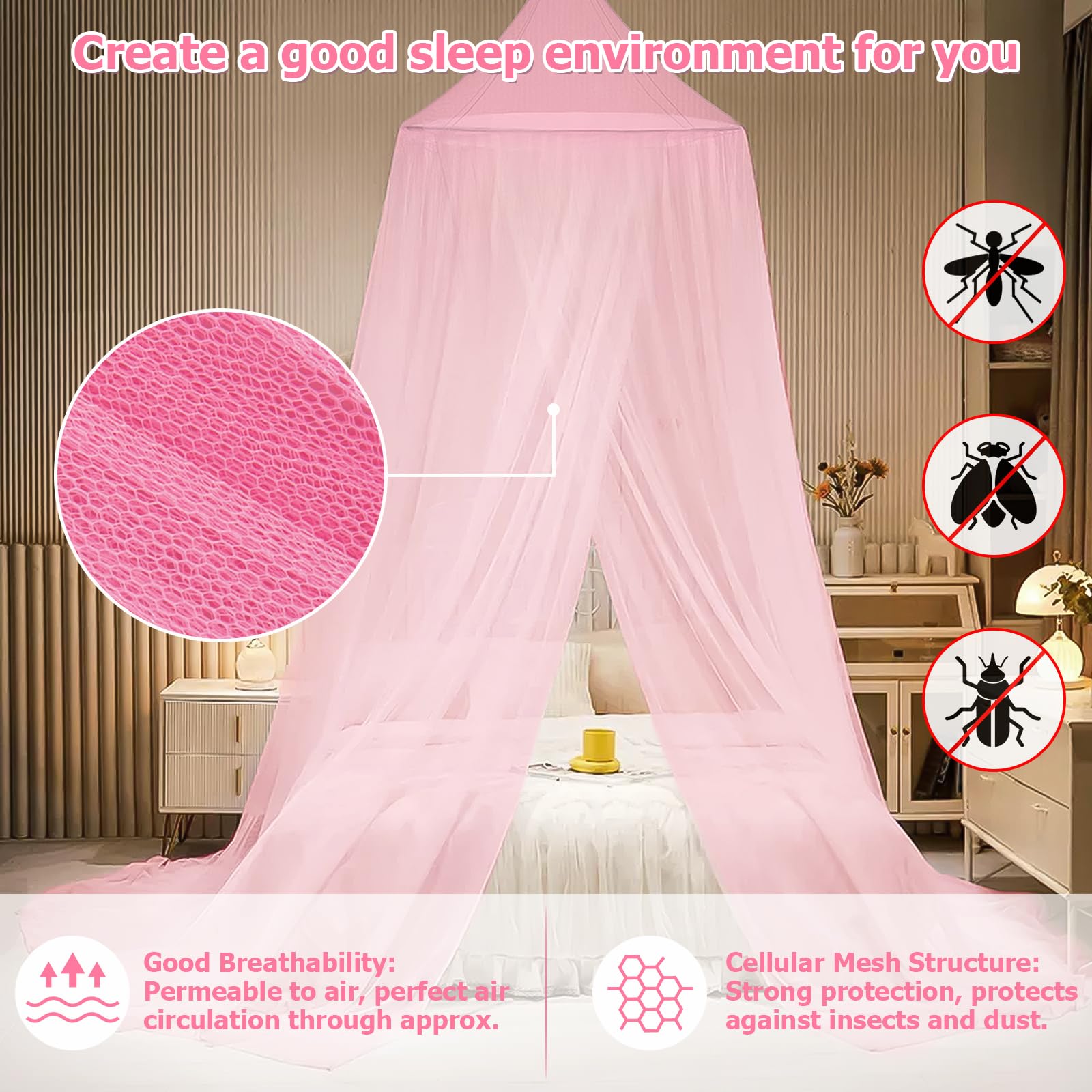 Lyrlody Large Bed Canopy – Beige, Breathable Polyester, Easy Twist-Pop Install, Fine Mesh, 270cm Height, Fits 1.2m-1.8m Beds – Elegant Princess Room Decor