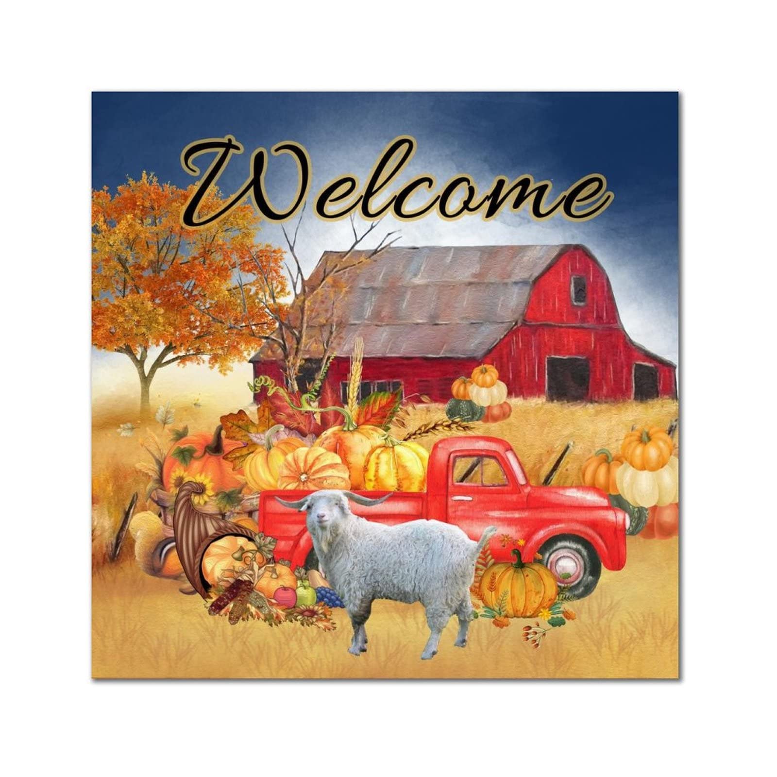 Welcome Farm Goat Grange panneau en bois rétro chèvre et citrouille 35cm