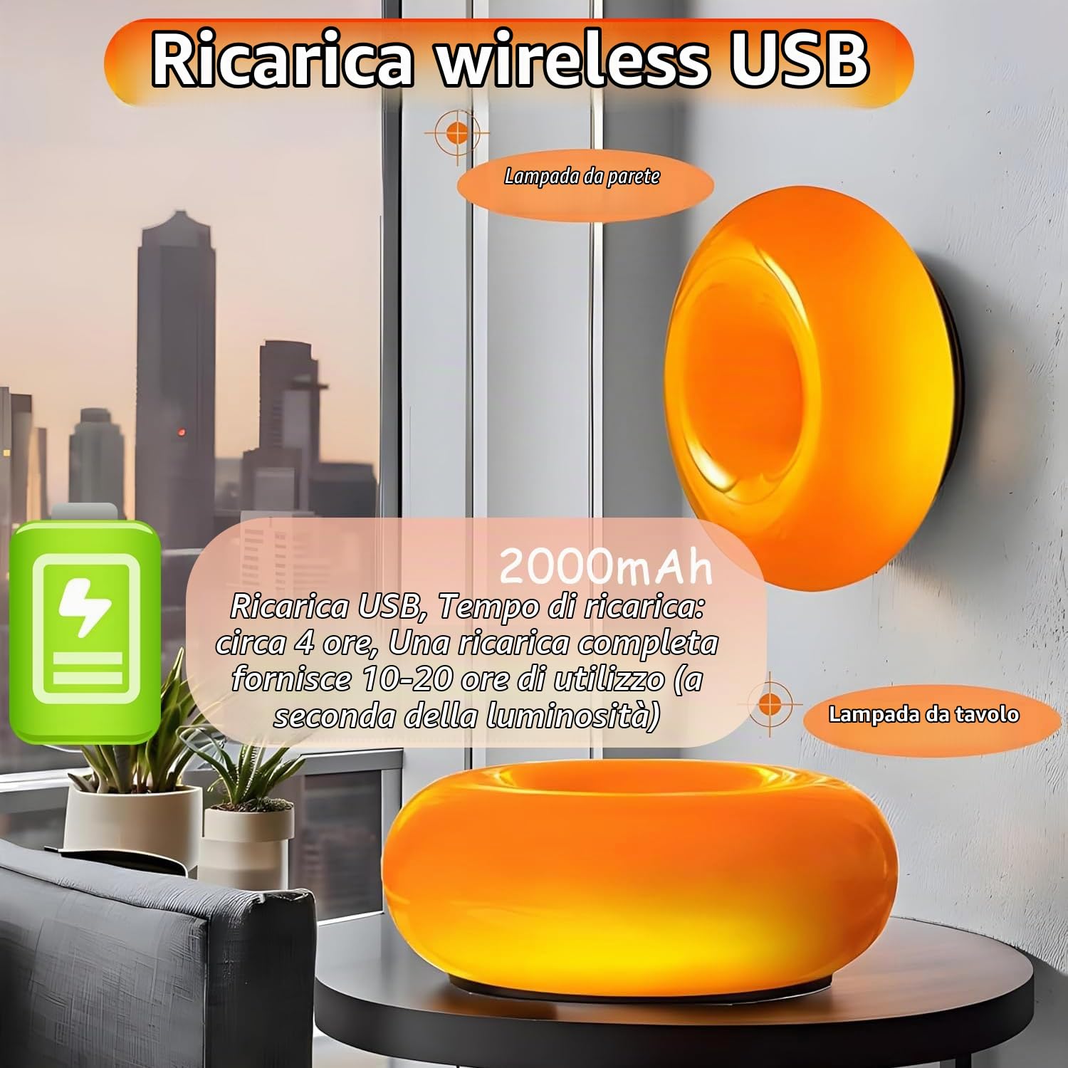 OOWOKS Lampada a ciambella, lampada da tavolo a LED a forma di ciambella, arancione, a batteria, ricaricabile tramite USB, touch control, dimmerabile, 3 temperature di colore, lampada da comodino