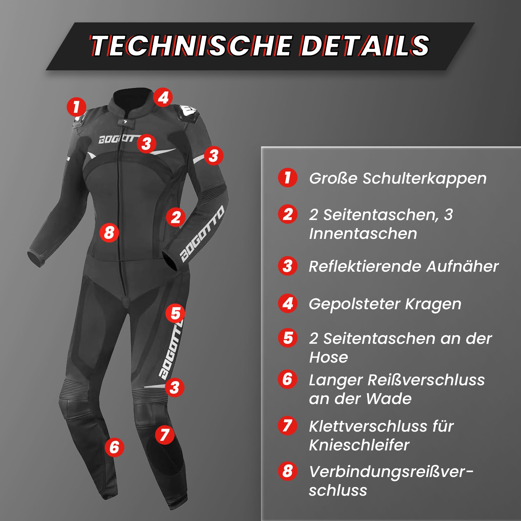 Bogotto Misano 2-Teiler Damen Motorrad Lederkombi, schwarz/weiß, 46
