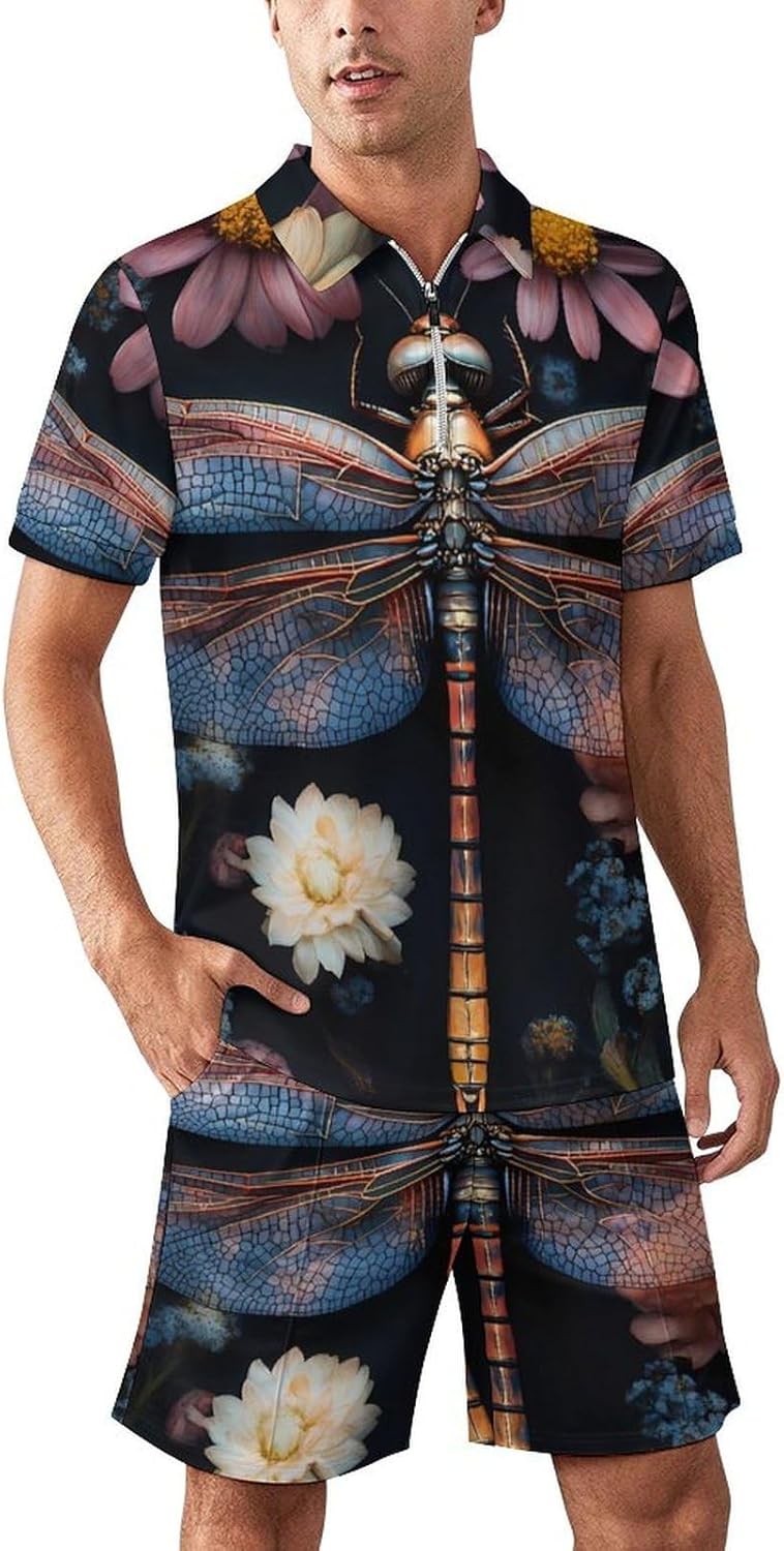 Dragonfly Flower Mens Polo Shirts Track Suits 2 Piece Short Sleeve Sweatsuit 1/4 Zip Golf Loungewear for Sports
