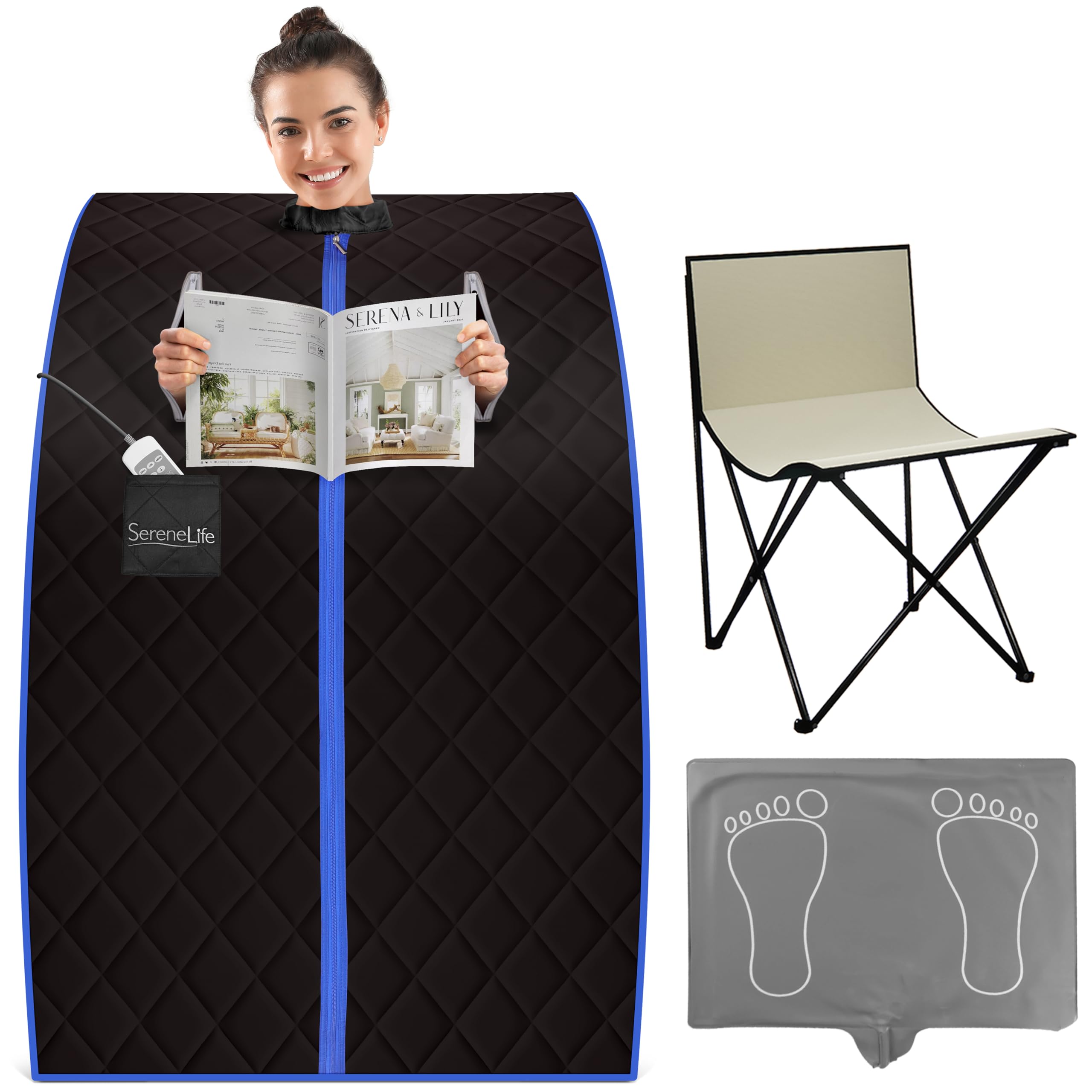 SereneLife Sauna a Vapore Portatile, Sauna Monoposto da Casa, Bagno Turco, Sauna Infrarossi con Tappetino Scaldapiedi e Sedia Pieghevole, Cabina Domestica per Spa, Nero