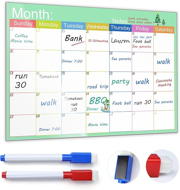 Skaaisont Whiteboard Calendar, Reusable A3 Monthly Planner Magnetic with 2 Dry Erase Markers, Magnetic Calendar for Fridge for Adults and Children
