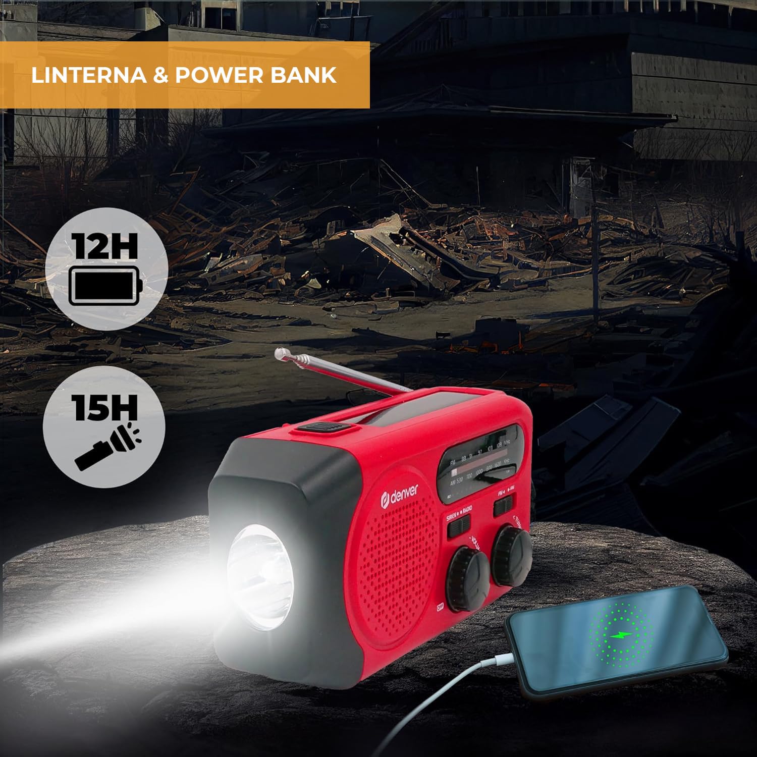 Denver SCR-2010MK2 Radio Solar de Emergencia con Manivela, Am/FM, Linterna LED 1W, Sirena SOS, Batería Recargable 2000 mAh, USB-C/USB-A, Funciona con Pilas AAA, para Apagones y Camping
