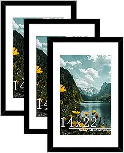 Picrit 14x22 Picture Frame 3 Pack, Black Poster Frame, Display Poster 11 x 17 with Mat or 14 x 22 without Mat for Horizontal or Vertical Wall Mounting