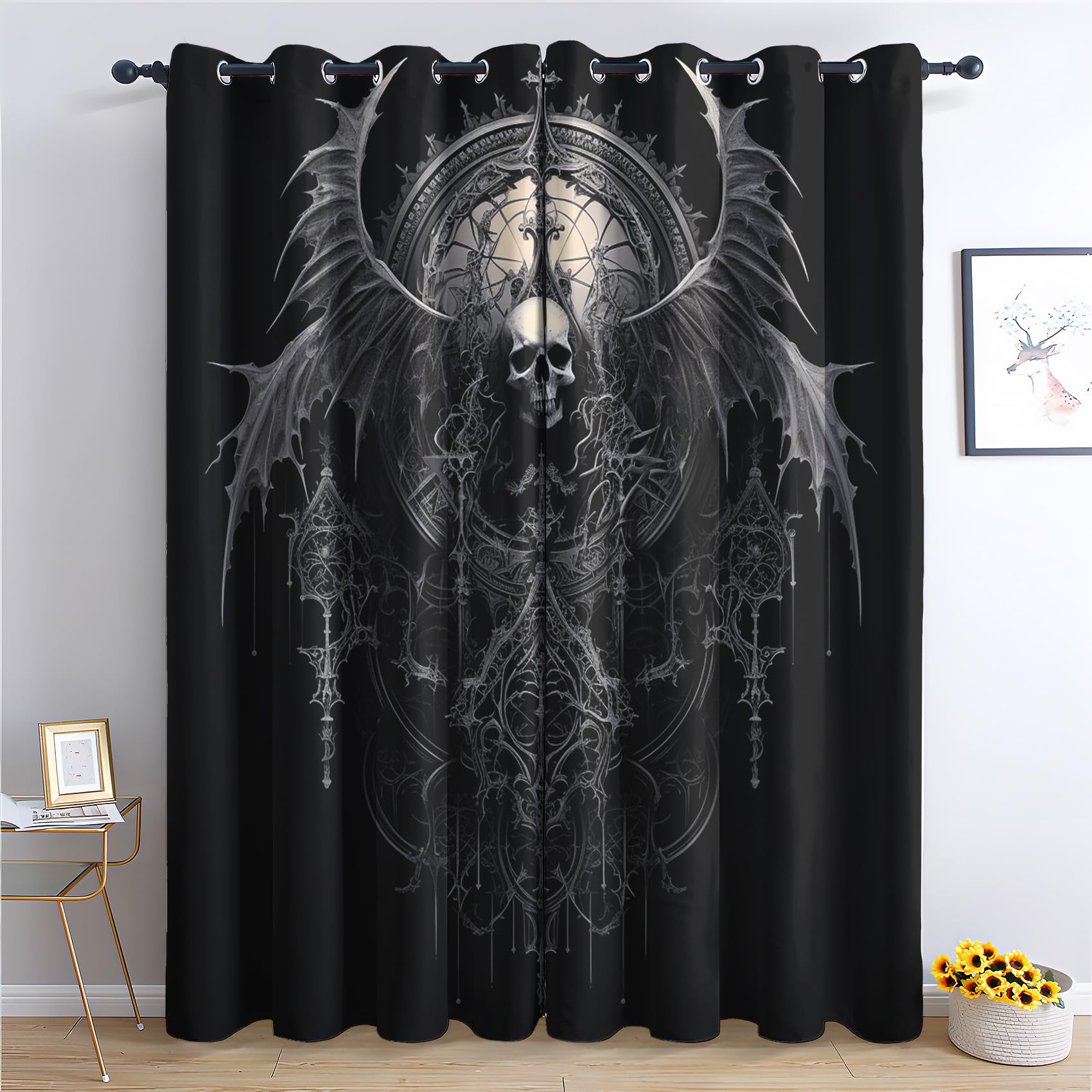 Zcwl Black Gothic Skull Curtains For Bedroom Living Room, Wings Patterned Out Curtains, Thermal Insulated Eyelet Curtain, 90 Drop Window Treatments Drapes, 66X90 Inch (W X L), 2 Panels
