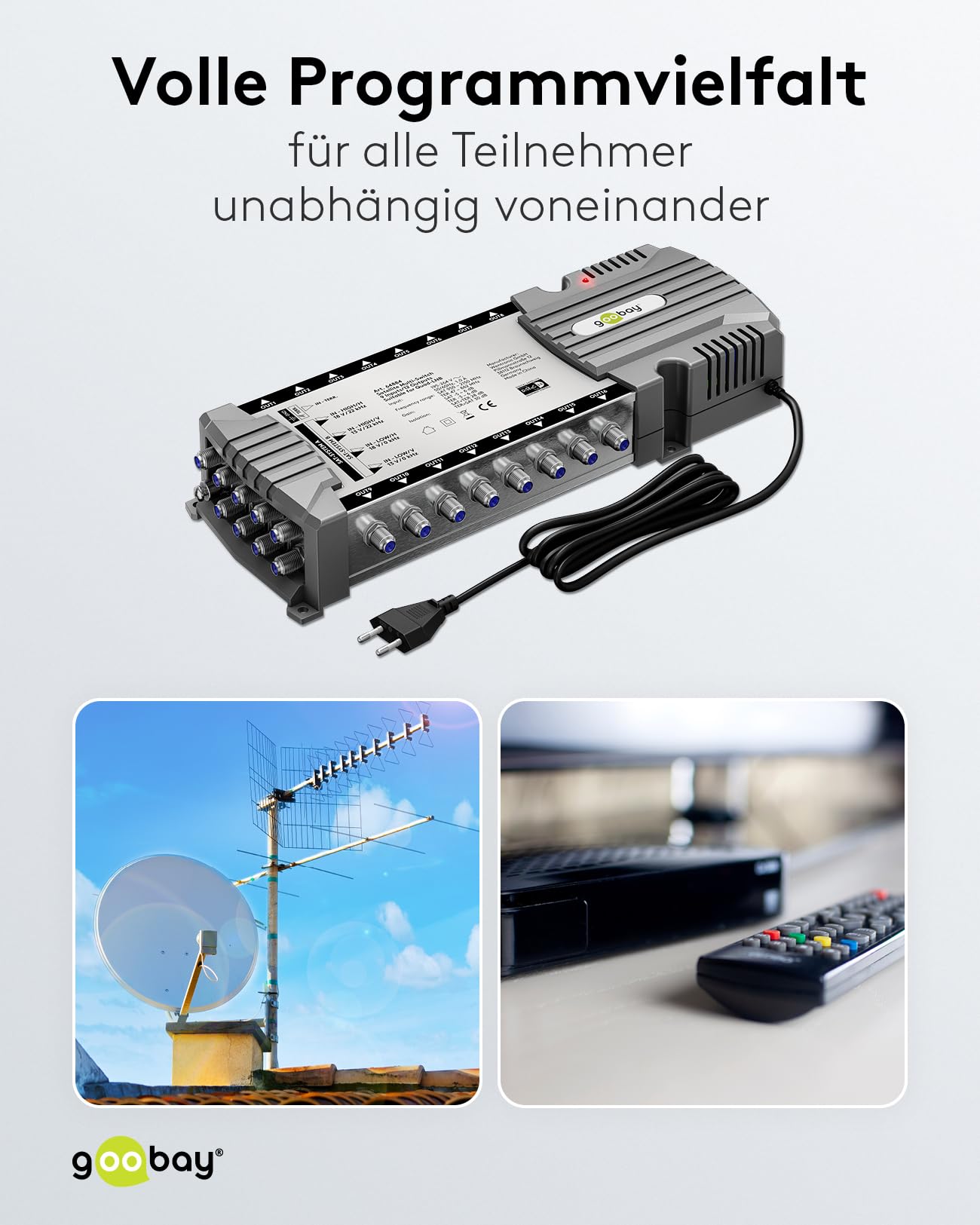 goobay 64884 - Multiconmutador satélite/Multiconmutador Compacto / 9 entradas / 16 Salidas / 4K, 8K UHD/Dab+ / para 16 participantes