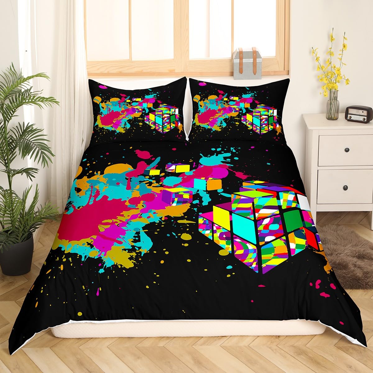 feelingyou Watercolor Graffiti Duvet Cover Double, Tie Dye Colorful Rubik Pattern Bedding Set - Image 3