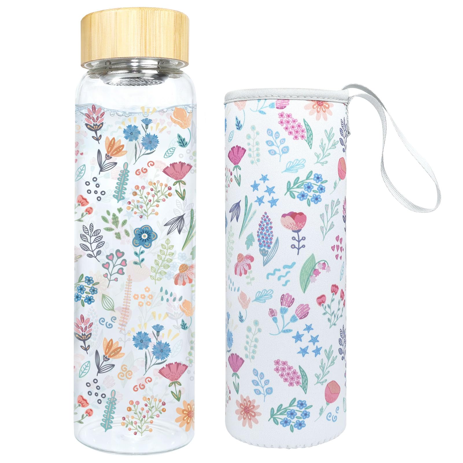 KYOEOE Trinkflasche Glas 1l/1000ml Glasflasche,5,5 cm Weithals Wasserflasche Glas mit Schutzhülle & Edelstahl Sieb,BPA-frei,Auslaufsichere Trinkflasche Kohlensäure Geeignet Glass Bottle(Violett)
