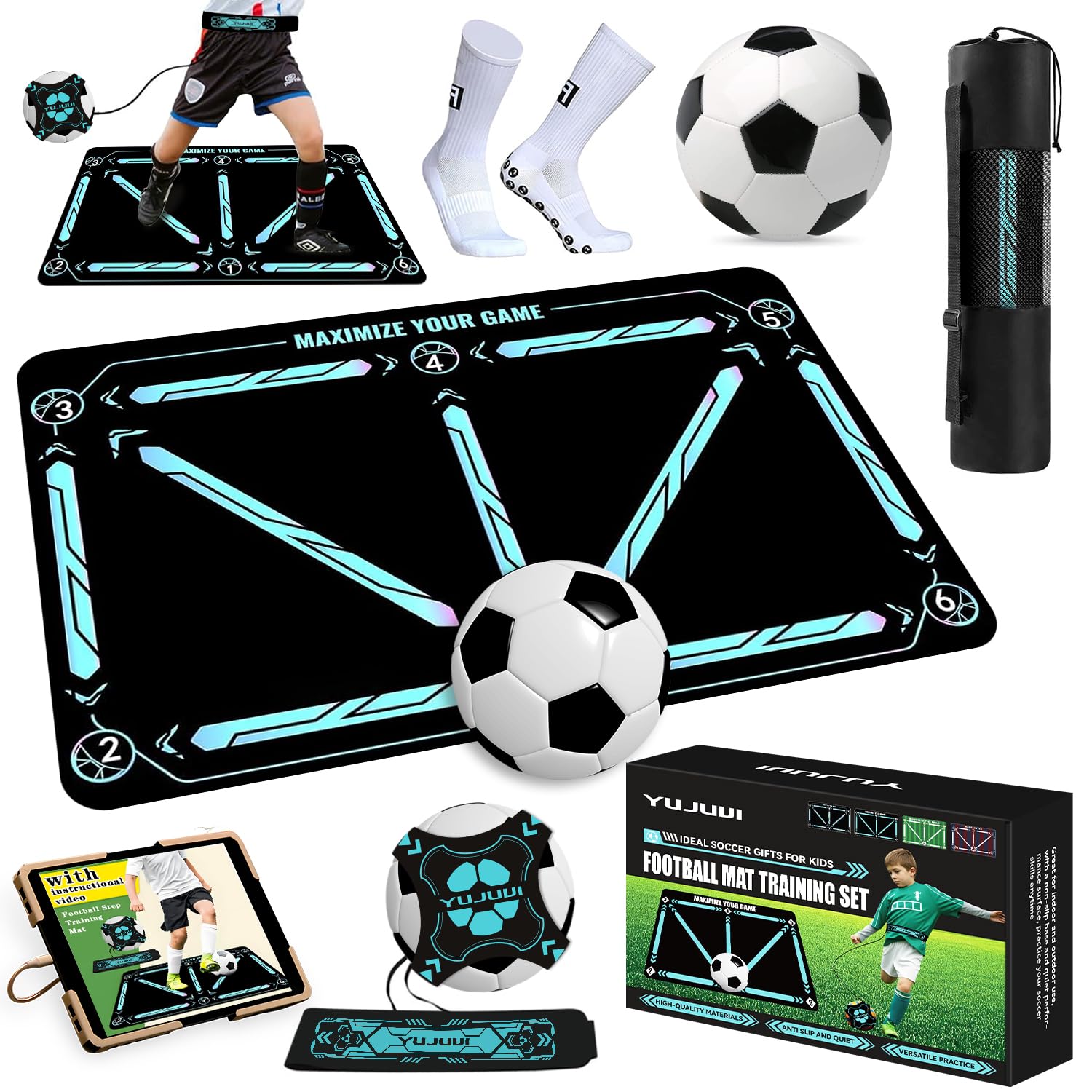 Fußballmatte Trainingsmatte Fussball Trainings set mit Fußball Trainingsset Schritt Trainingsmattem rutschfeste Fußball Schritt Trainingsmatte 60x90 cm Stoßdämpfende Fussball