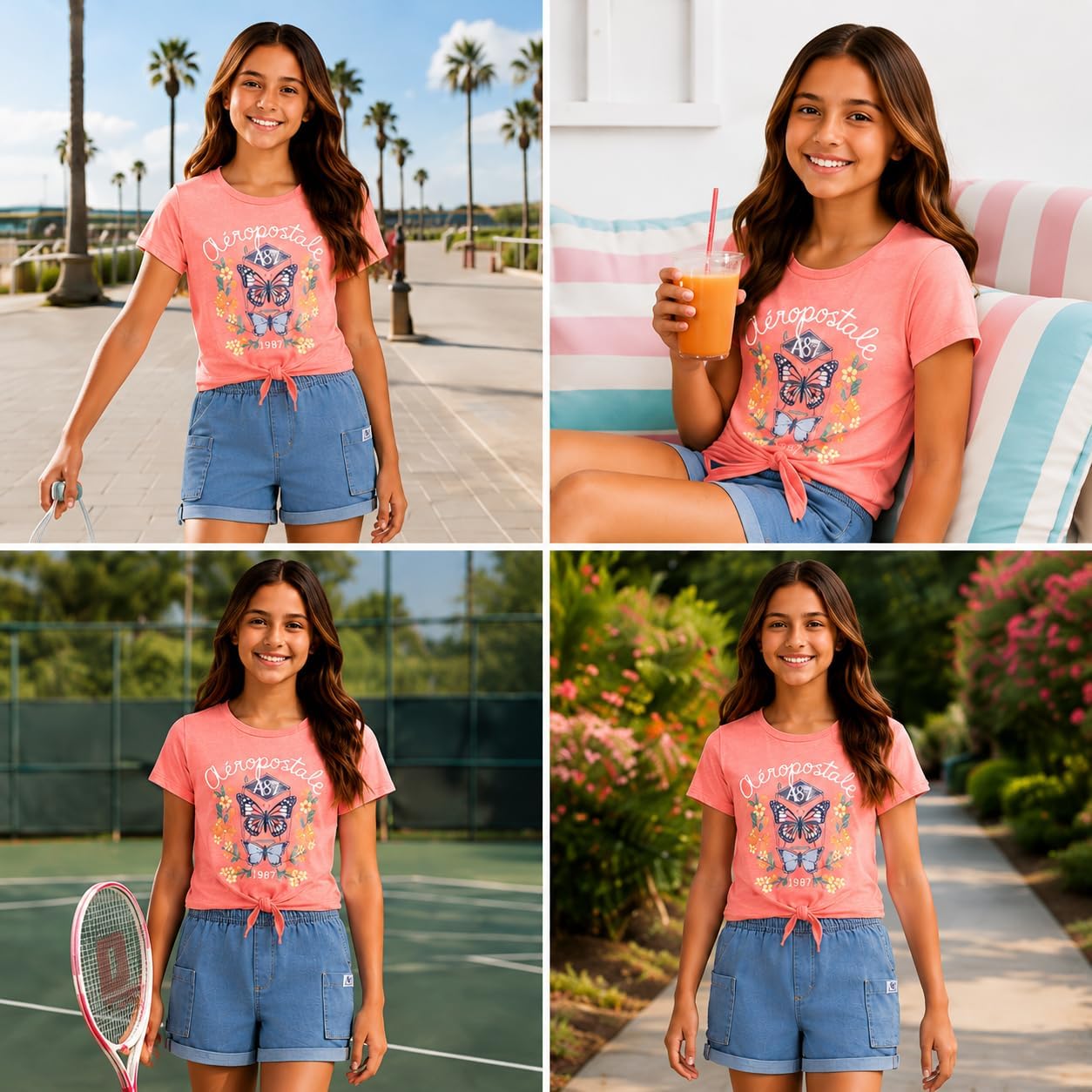 AEROPOSTALE Girls 2-Piece Short Sleeve Graphic Tee & Twill Denim Shorts