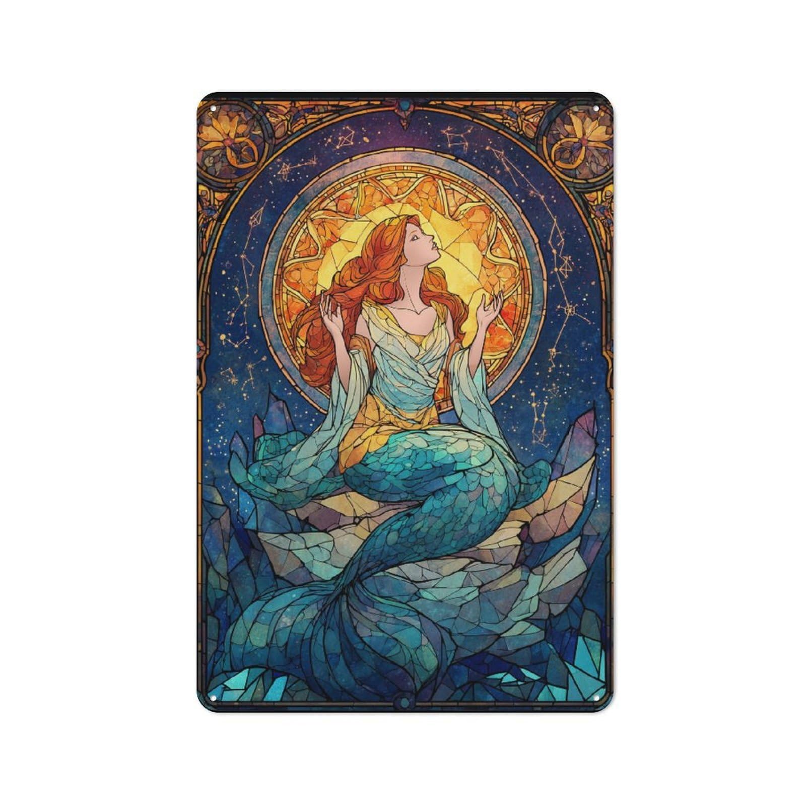 Junmoney Stained Glass Mermaid For Lounge Or Reading Corner, Retro Metal Sign 30X20cm, For Metal Sign Collectors, For Garage And Workshop Walls