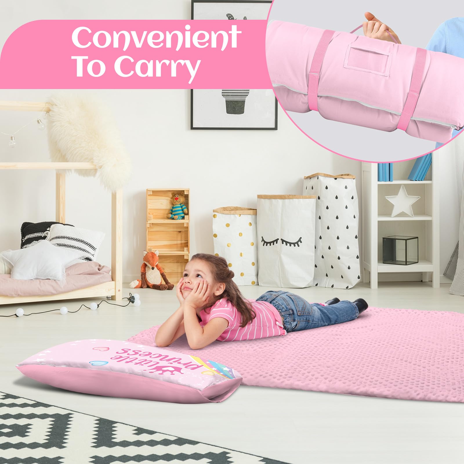 Saco de Dormir para Niños con Almohada, Tapete de Siesta para Niños y Niñas, Cálido Saco de Dormir de 150 x 60 cm, Tapete de Dormir Enrollable con Doble Cremallera