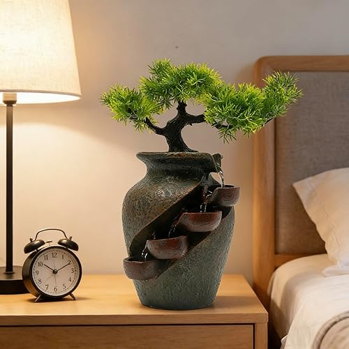 Árbol artificial de bonsái tipo jarrón de 8.7 pulgadas, planta falsa mini en forma de cascada de mesa, con flujo de agua, decoración de escritorio