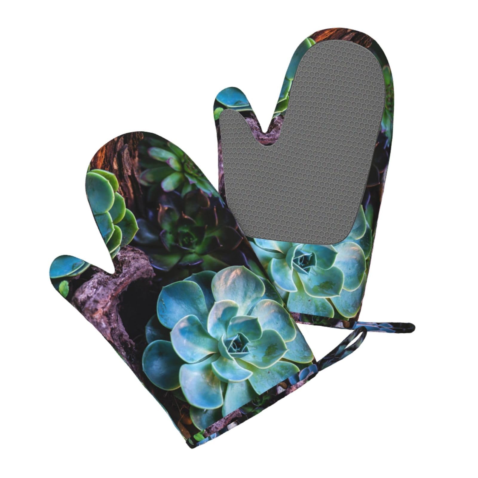 Aqrjlpo Women's Succulent Plants Silicone Oven Mitts Set 2Pcs, Printed Heat Resistant Non-Slip Silicone Oven Gloves For Kitchen Cooking Baking Microwave