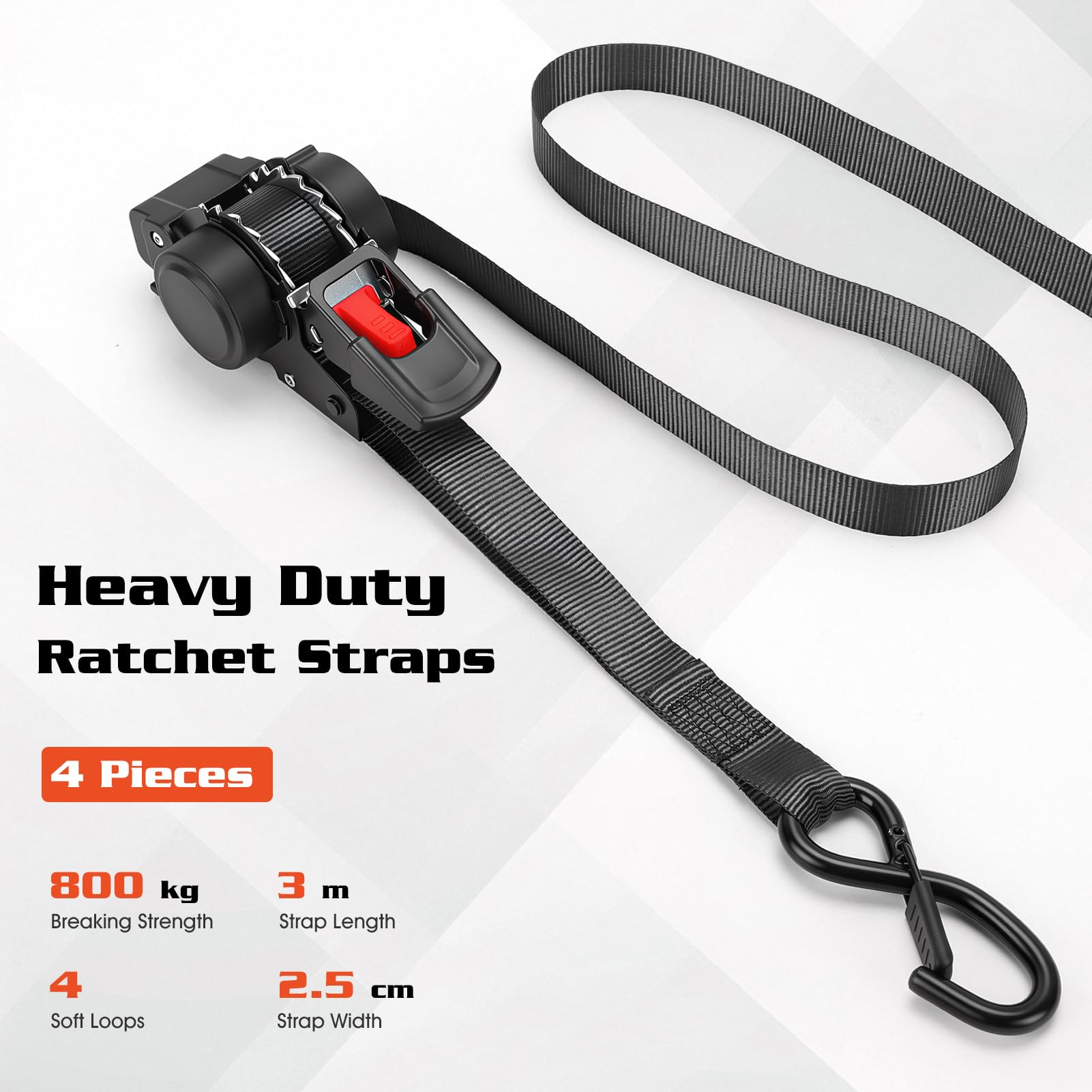 4-teiliges Set automatischer Ratschengurte, Edelstahlrollen (304), 3,5 m x 25 mm, 680 kg Bruchlast, inklusive Aufbewahrungstasche, geeignet für LKW, Anhänger, Motorräder und Fahrräder