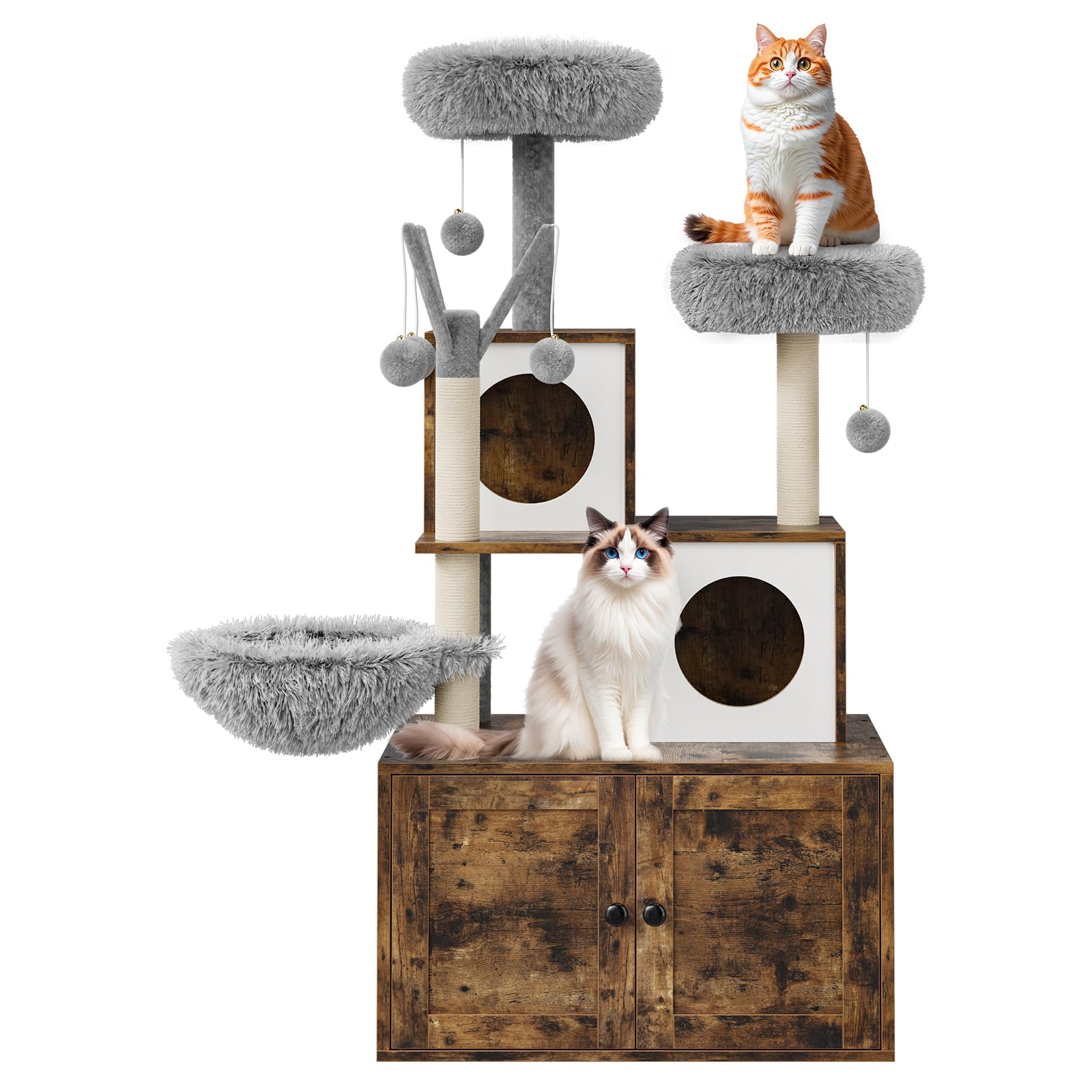Recinto Per Lettiera Con Torre Tiragraffi, Mobile Per La Toilette Del Gatto Con Tiragraffi e Trespolo Imbottito, Mobile in Legno Per Gatti Con Piattaforme Multiple
