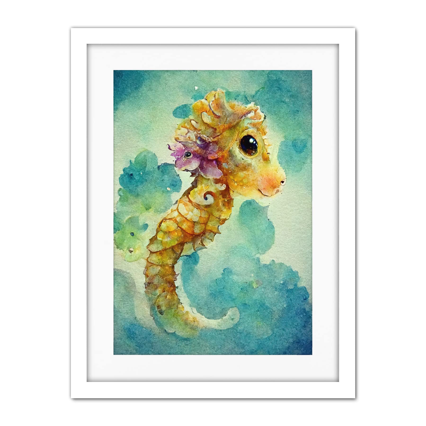 Doppelganger33 LTD Cute Baby Seahorse Kids Bedroom Watercolour Illustration Artwork Framed Wall Art Print 18X24 Inch