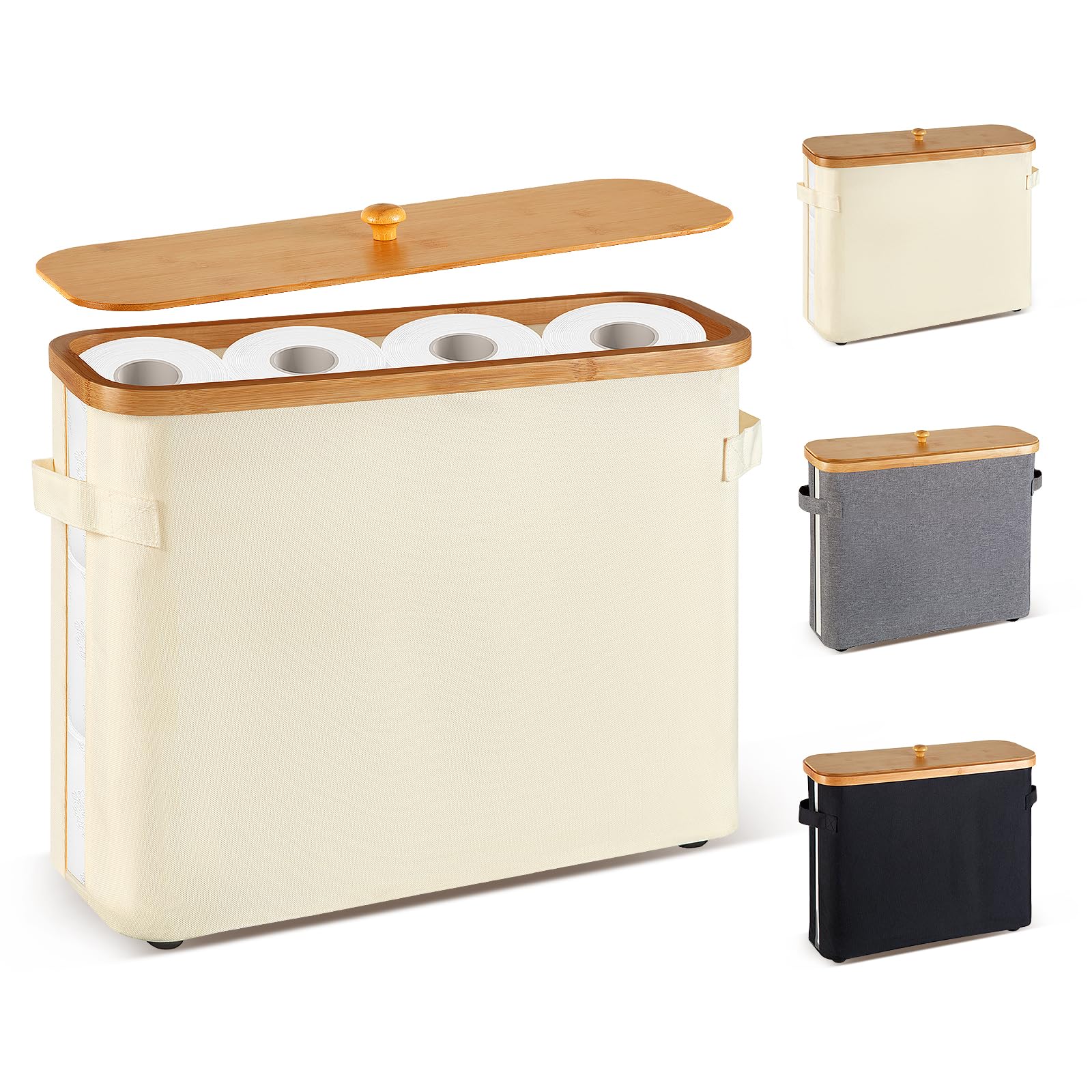 VVTHIP Toilet Paper Storage Basket with Lid and Handle for Bathroom? Bamboo Collapsible Toilet Paper Holder Storage with Non-Slip Bottom ,Extra Toilet Roll Storage, Beige