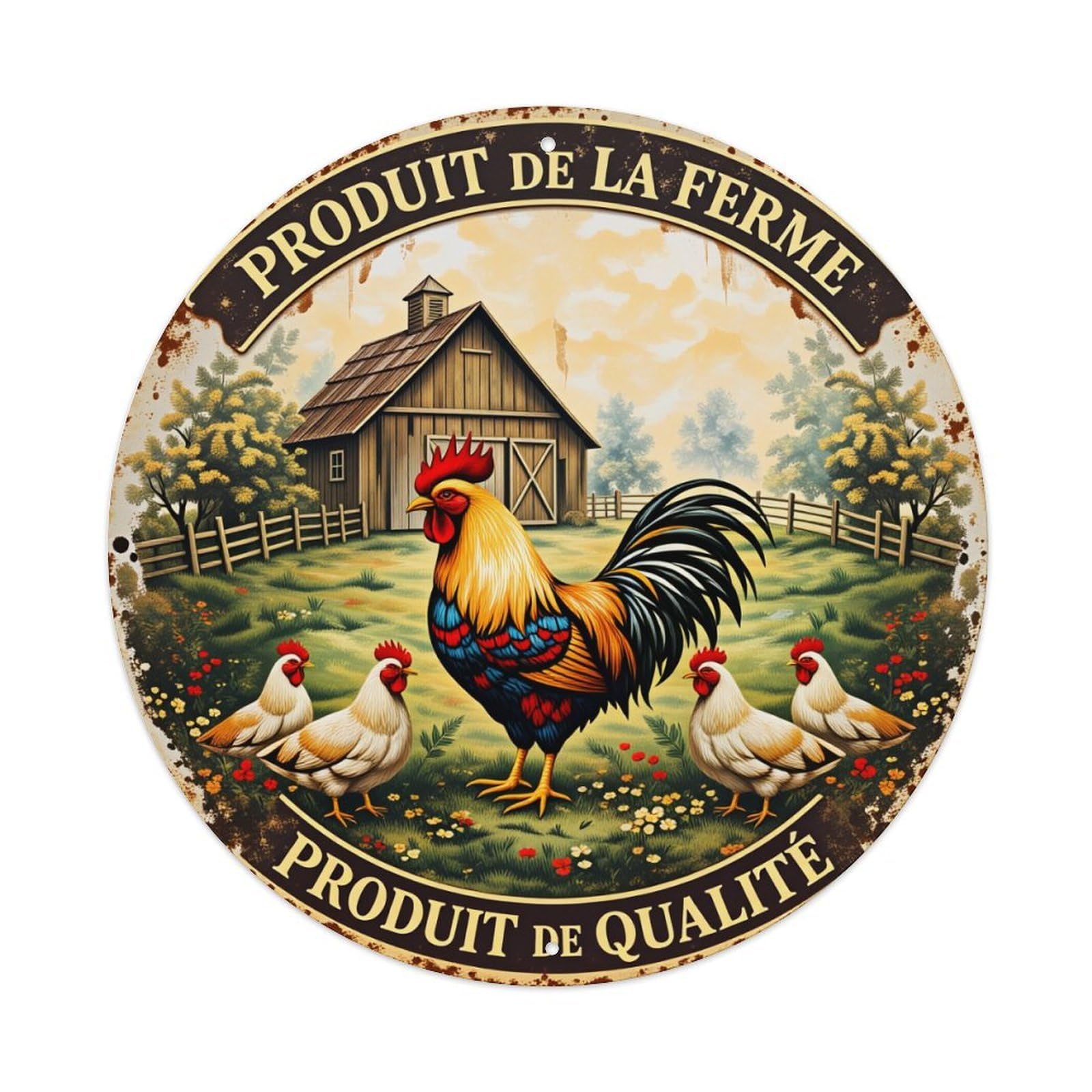 Farm Rooster Chickens Barn Field Round Tin Sign Vintage Style Metal Sign Home Bar Garden Wall Plaque Decor Metal Poster 8x8 Inch