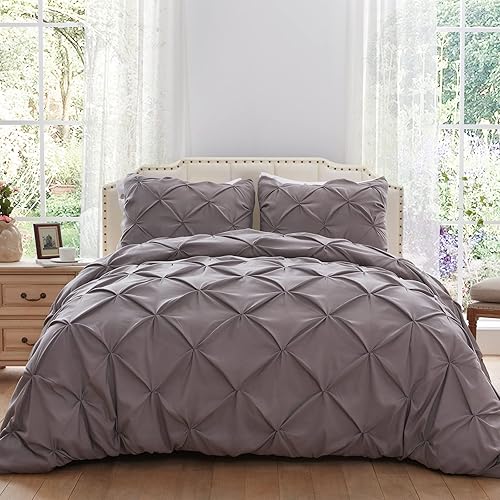 SunStyle Home Funda de edredón plisada gris de 3 piezas, fundas de edredón tamaño Queen, funda de edredón de lujo de microfibra suave con cierre de