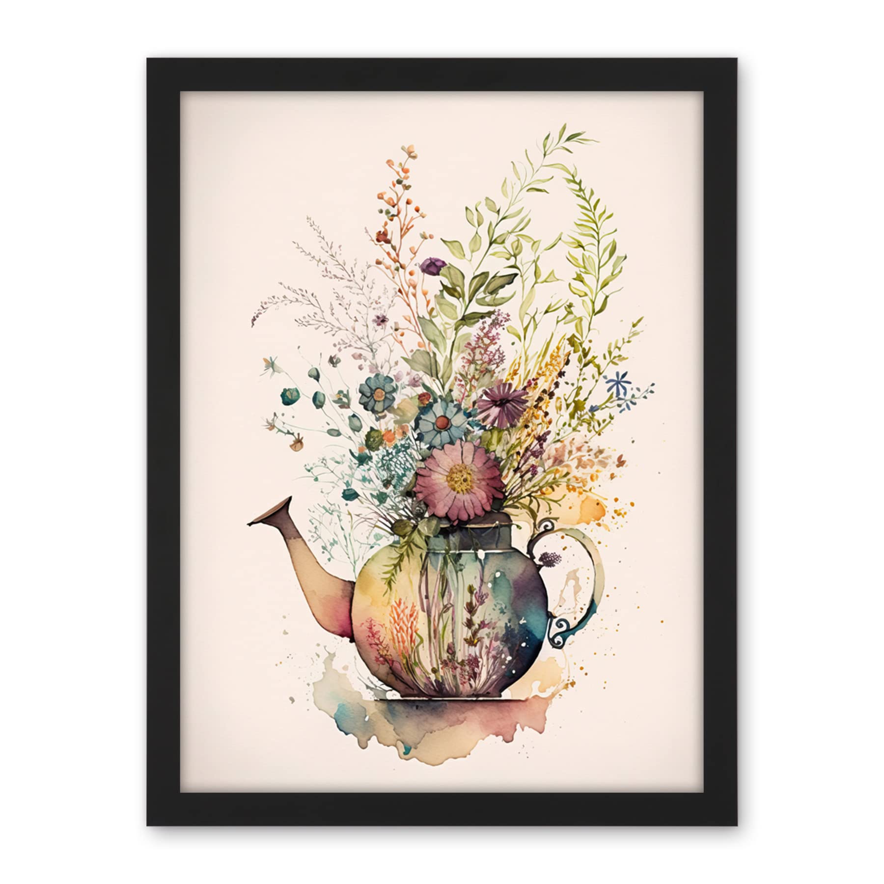 Artery8 Wildflower Floral Spring Bouquet in a Teapot Vase Artwork Framed Wall Art Print 18X24 Inch