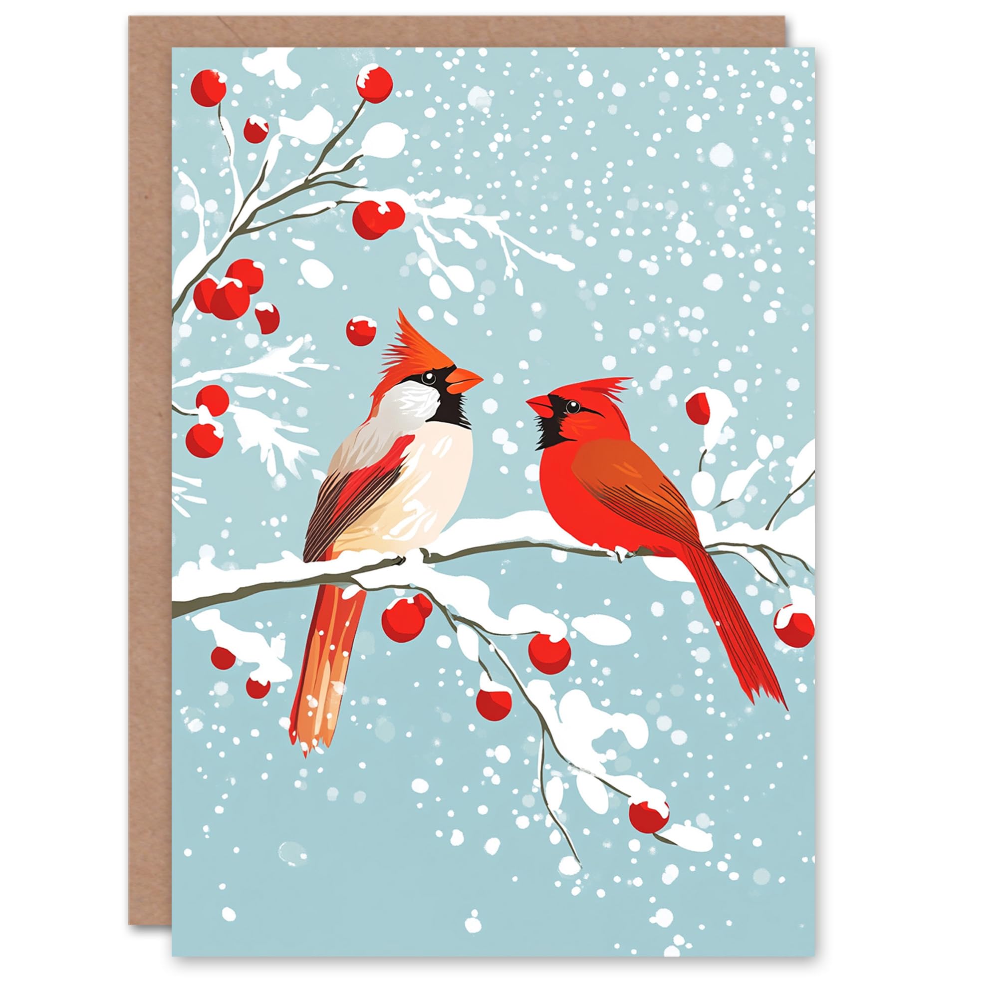 Artery8 Cardinal Birds Snow Berry Tree Blank For Him Or Her Art Xmas Festive Christmas Card