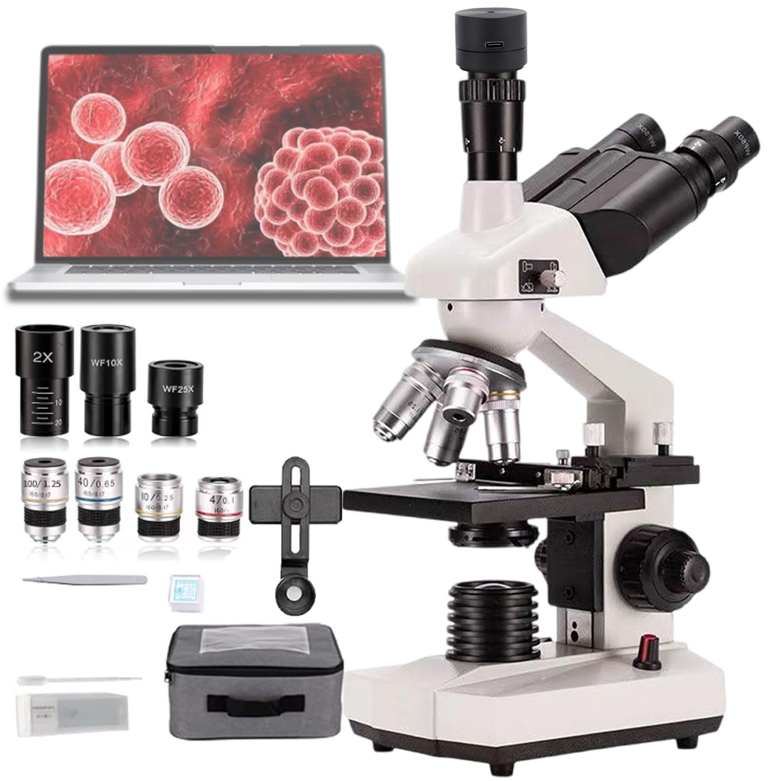 Microscopio BiolóGico Educativo para Estudiantes, Platina MecáNica De Doble Capa Y Perilla De Enfoque Grueso/Fino Coaxial, Microscopio Trinocular Compuesto,5000X+A