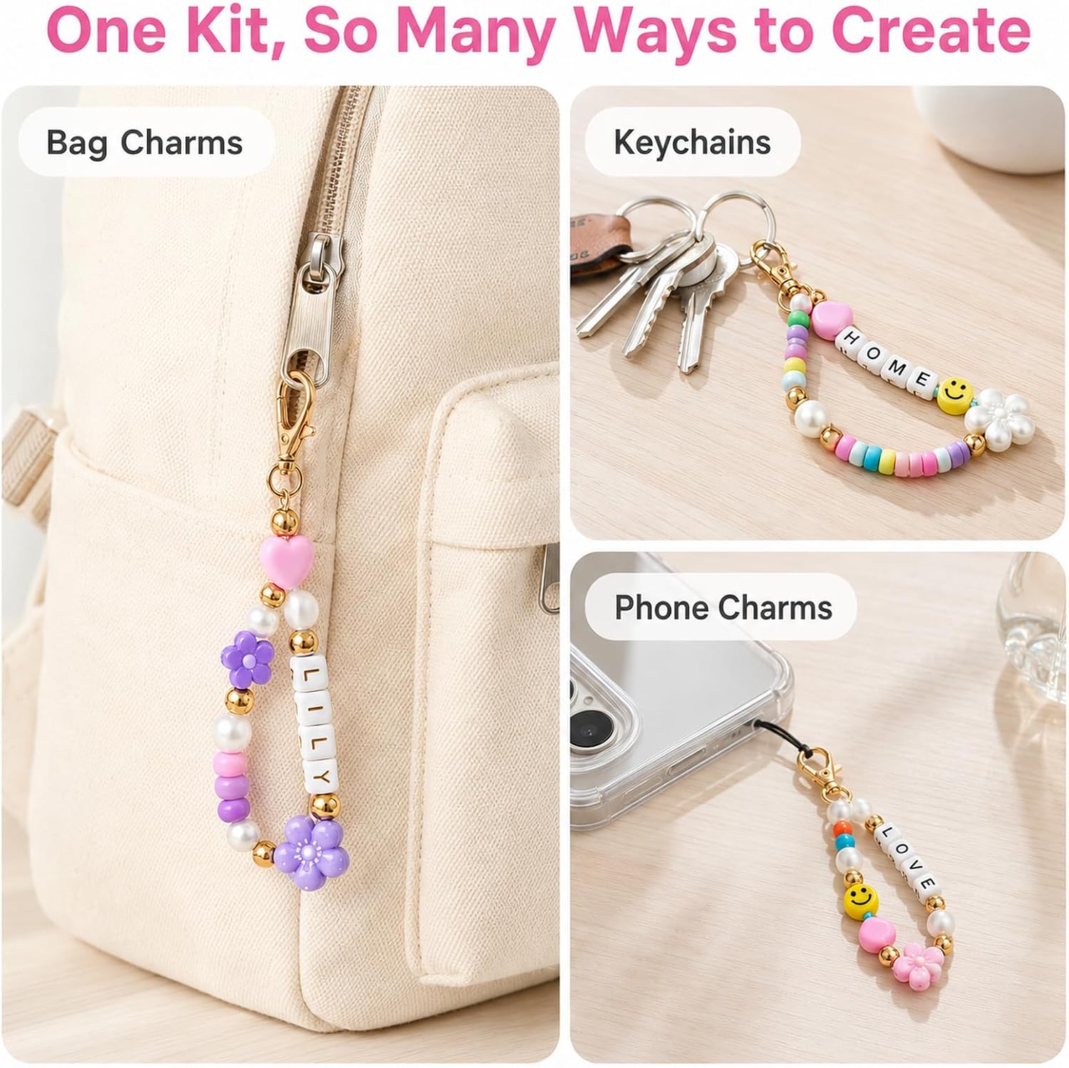 Kdpuei 421PCS Bead Keychain Making Kit, Keychain Bead Kit, DIY Bag Charm Set with Acrylic Heart Star Flower Alphabet Beads, Bead Keychain Kit, Jewerly Making Kit for Girls Women