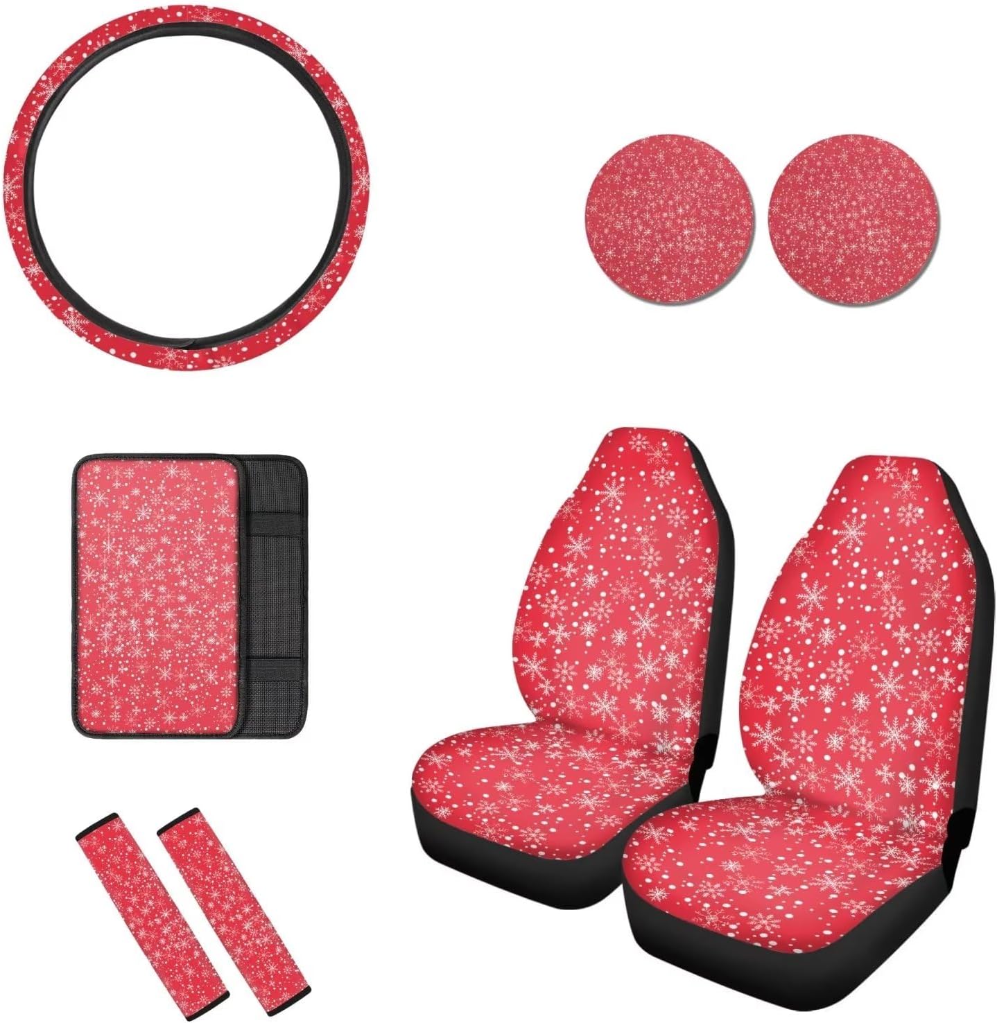 8 Pieces Christmas Car Interior Accessories Sets Snowflake Car Seat Cover Armrest Box Pad Steering Wheel Cover Cup Coaster Soft Belt Protector