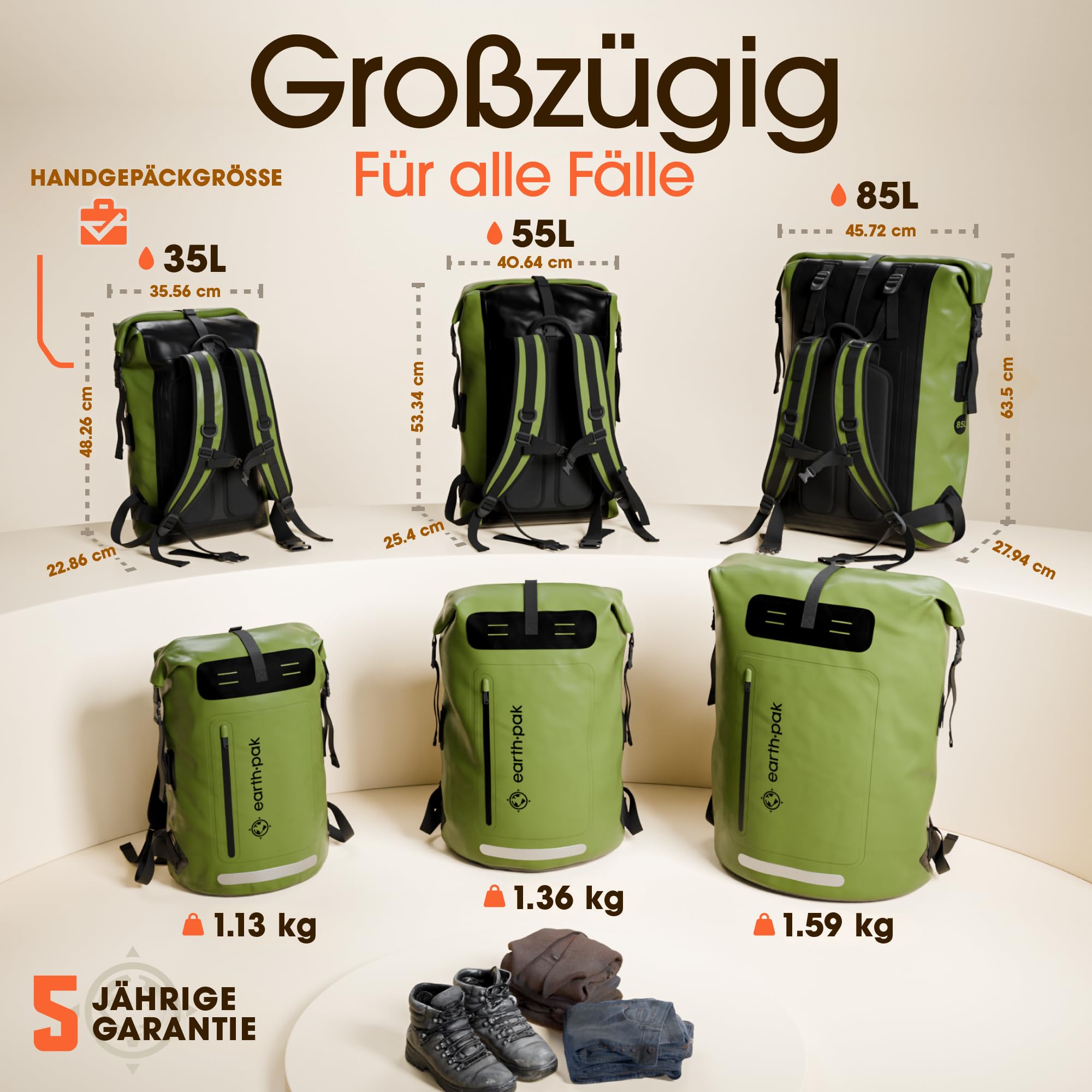 Earth Pak 35L/55L Wasserabweisender Rucksack - Macht Ihr Ausflug Comfortabler - Dettaglio