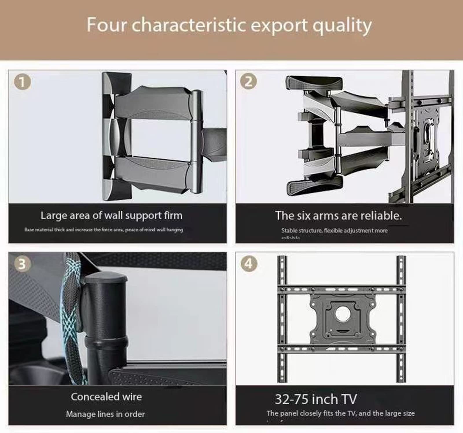 Soporte de TV resistente, soporte giratorio telescópico de doble brazo con línea de haz oculta y ajuste de ángulo de paso, se adapta a varios tamaños de TV