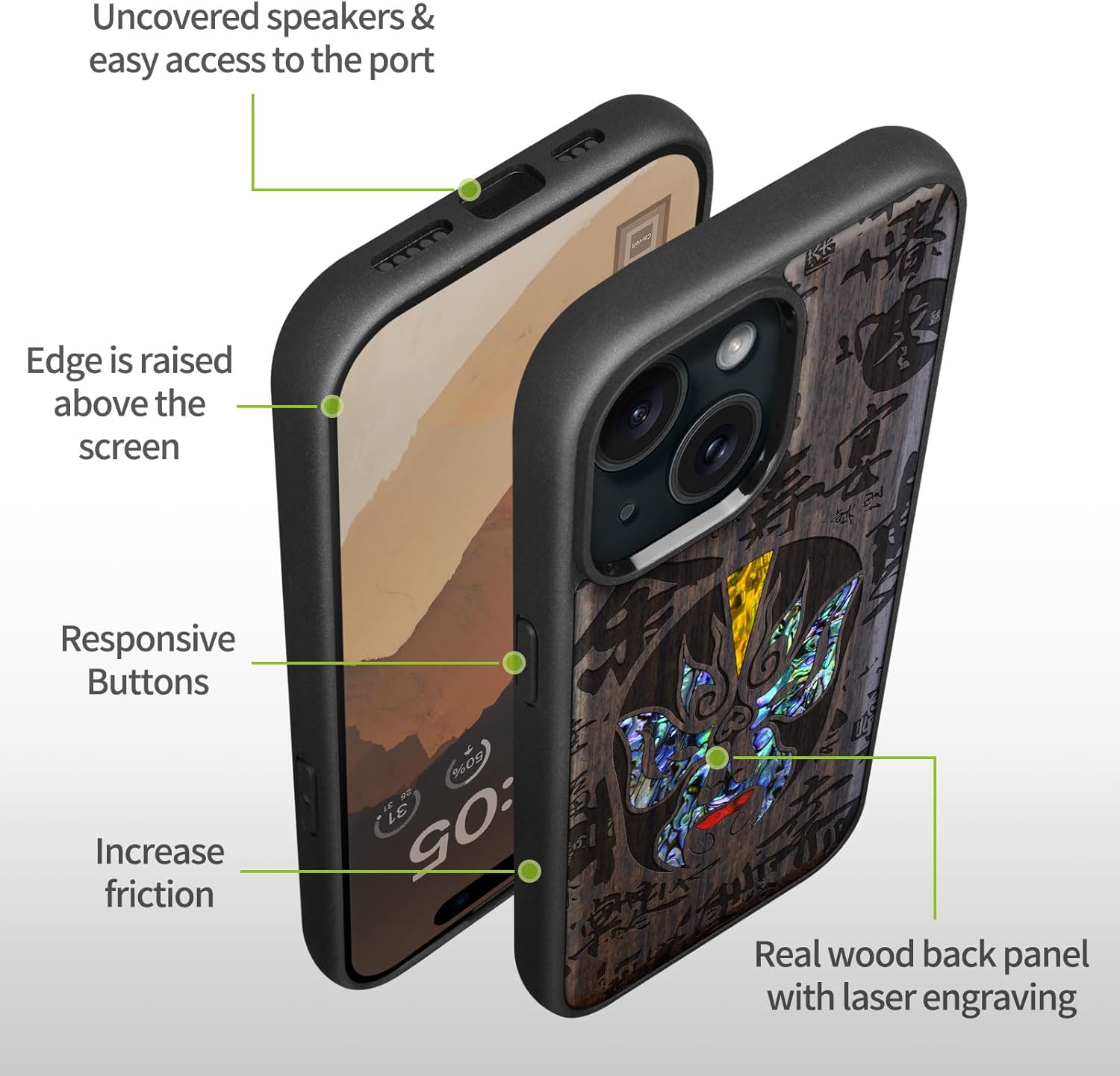 Carveit Wooden Case for iPhone 15 Magnetic Case, Compatible with MagSafe Wireless Chargers, Shockproof Cover, Handmade Shell Inlaid & Wood Artisan Engraved (The Chinese Opera Mask) Blackwood