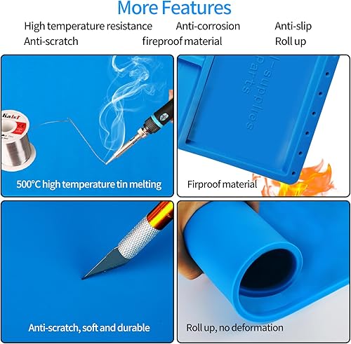 Miniatura 4 de Kaisi Alfombrilla de reparación grande, alfombrilla de soldadura de silicona, resistente al calor, alfombrilla de trabajo magnética de 932 F,