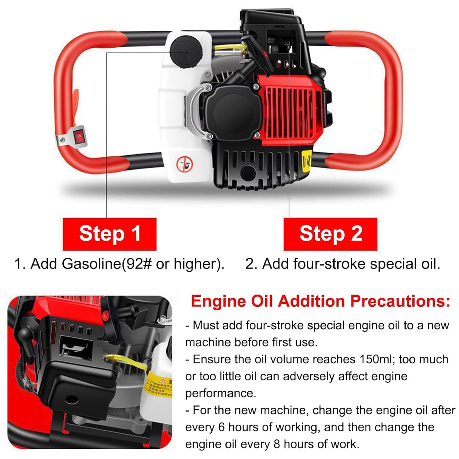 Excavadora Postes Gasolina 4 Tiempos, 1500W/12000r/min, barrena Tierra a Gasolina, barrena Tierra inalámbrica, excavadoras para Postes cercas, Tierra jardín y árboles, 8 Tipos Brocas. 6cm