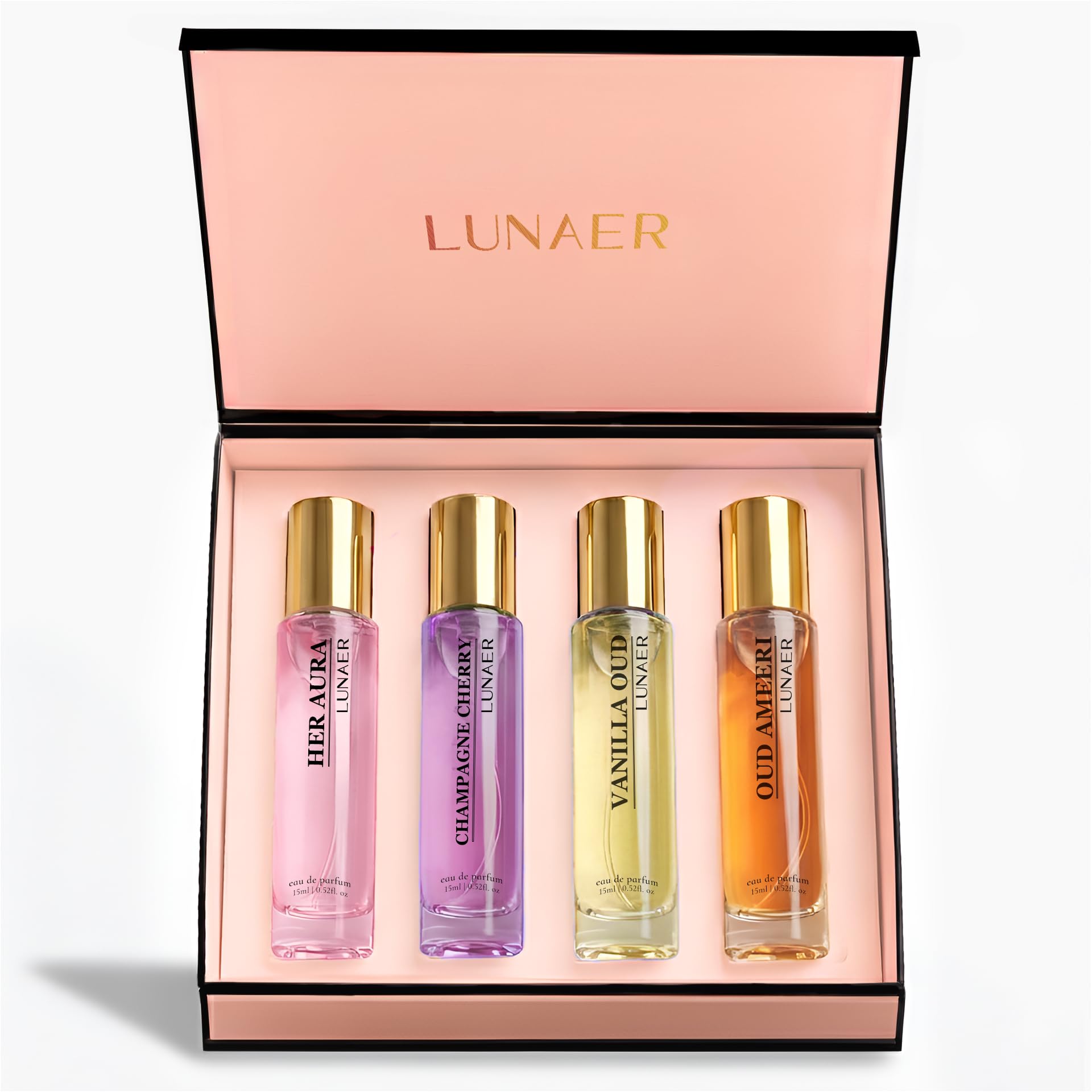 Lunaer Perfume Gift Set for Women 4 x 15ml Eau De Parfum with Champagne Cherry, Her Aura, Oud Ameeri, Vanilla Oud | Floral Fruity Long Lasting EDP Fragrance Scent for Her-image-41