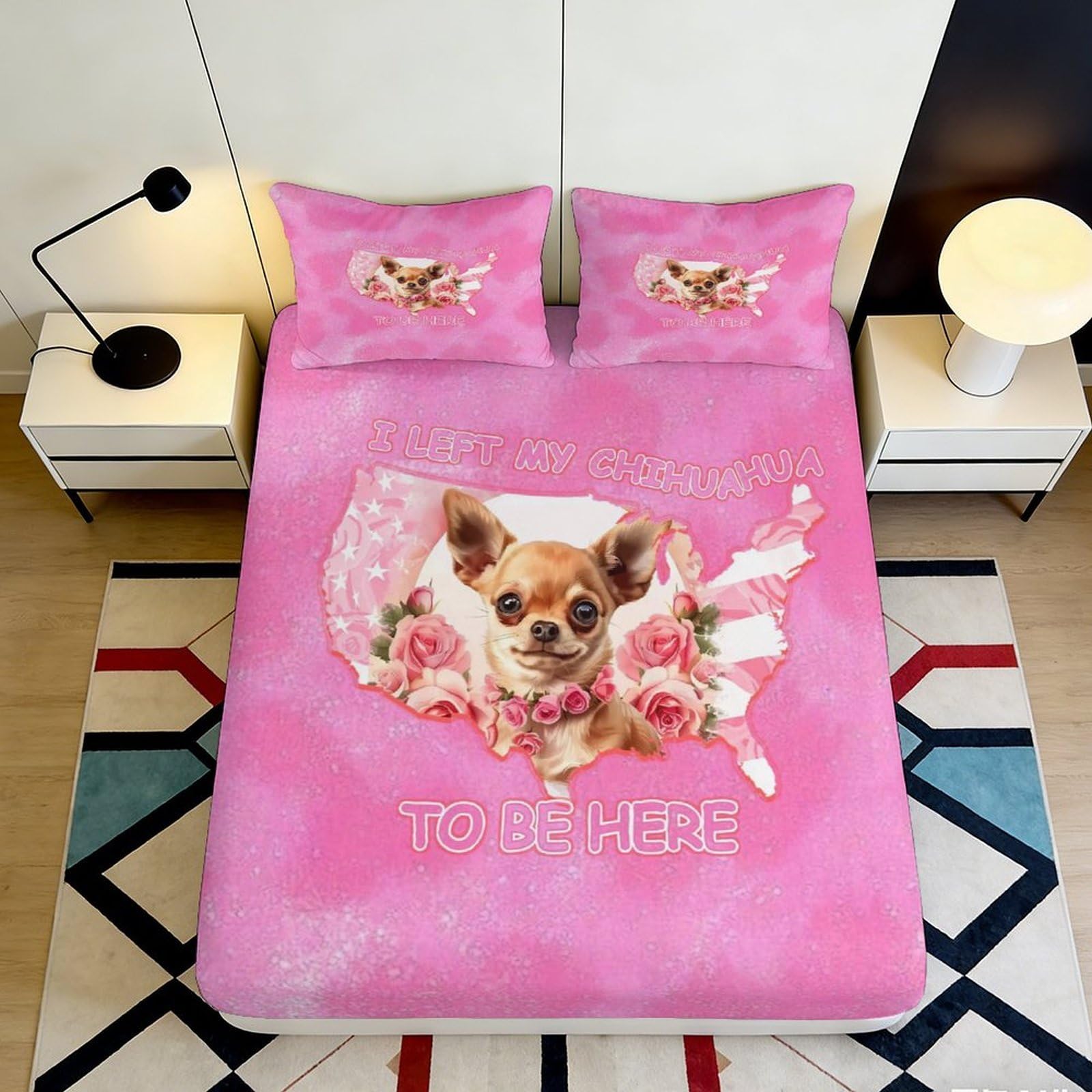 3D Printed Pink Chihuahua Fitted Sheet Microfiber Soft Breathable Dog Pattern Bed Cover for Bedroom Dormitory Guest Room Mattress Protection 200x200x25cm