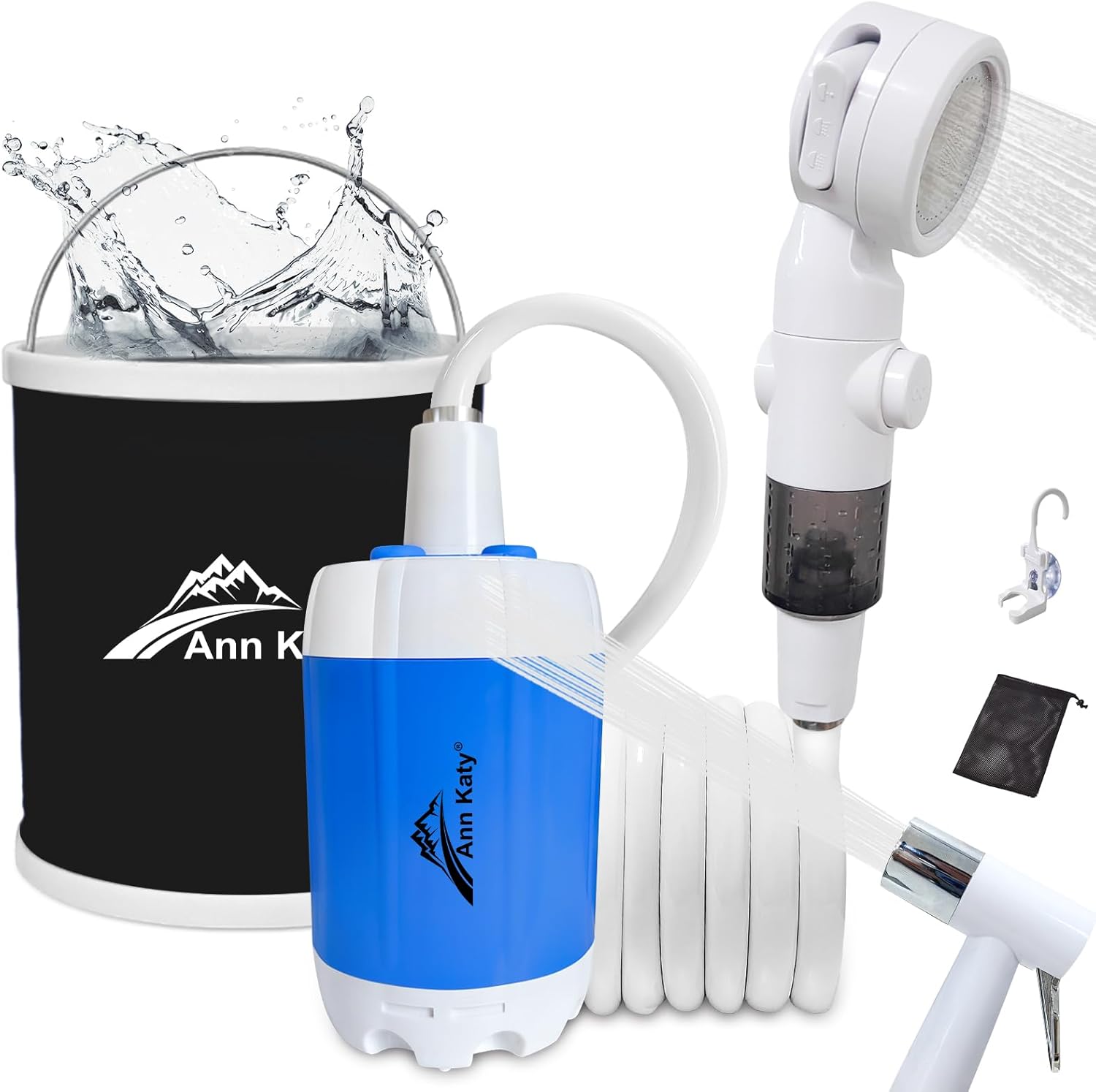 Portable Camping Shower Outdoor Camp Shower Pump,Upgrade Rechargeable Electric Shower Pump with Intelligent Digital Display Multiple Spray Modes for Camping, Hiking, Traveling,RV Black+Blue