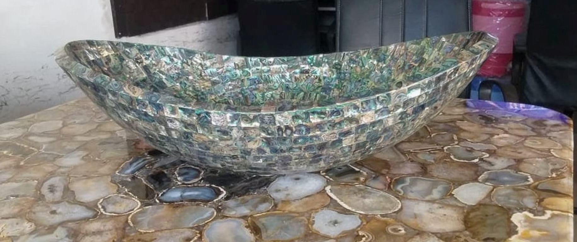 Abalone-Muschel-Spüle zur Tischmontage, Abalone-Muschel-Spüle, mehrfarbige Handwaschschüssel, Edelstein-Van-Gefäß, Abalone-Muschel, 61 x 48 cm