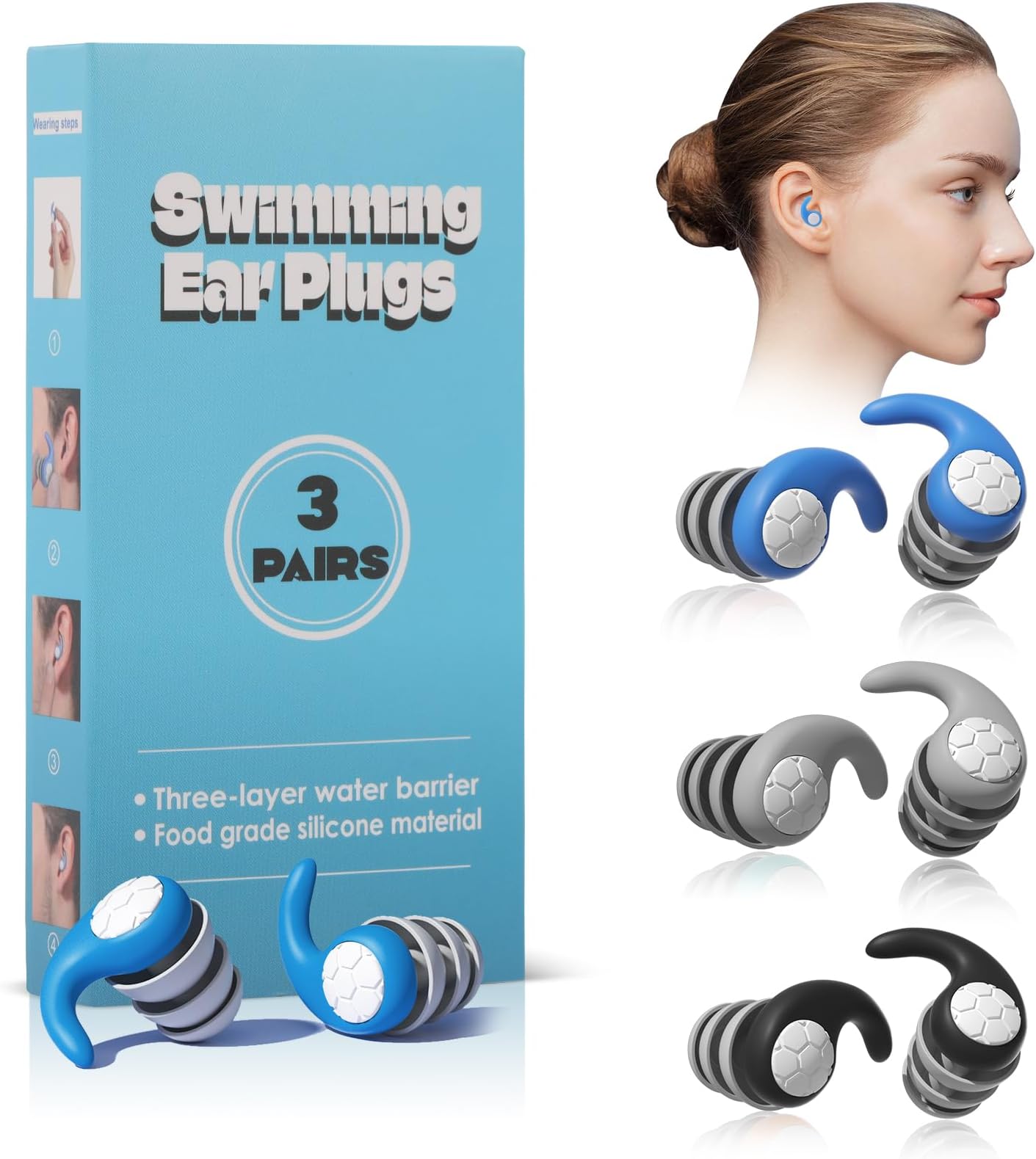 Waterproof Swimming Ear Plugs for Adults, 3 Pairs Reusable
