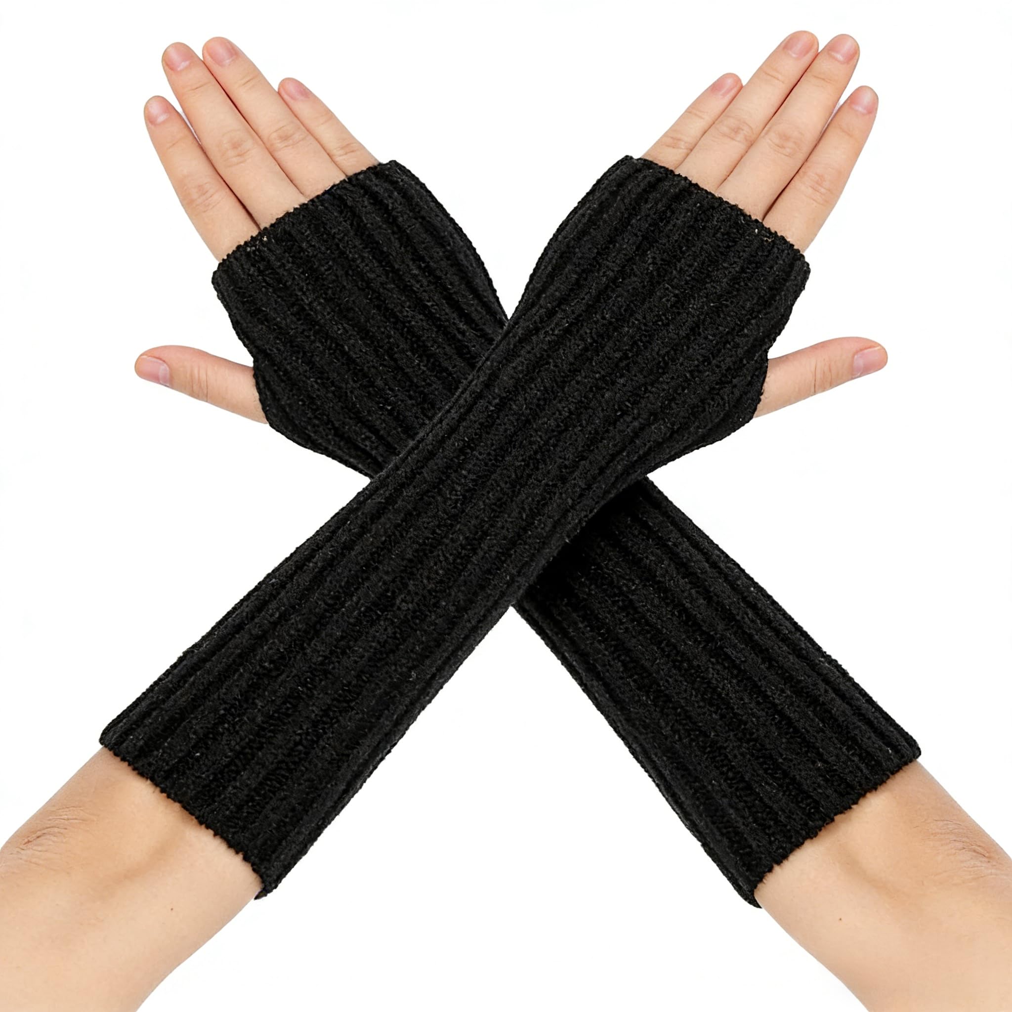 Lsyzhx Women's Black Knitted Wrist Warmers Knitted Fingerless Gloves, Winter Thumbhole Gloves For (Black)