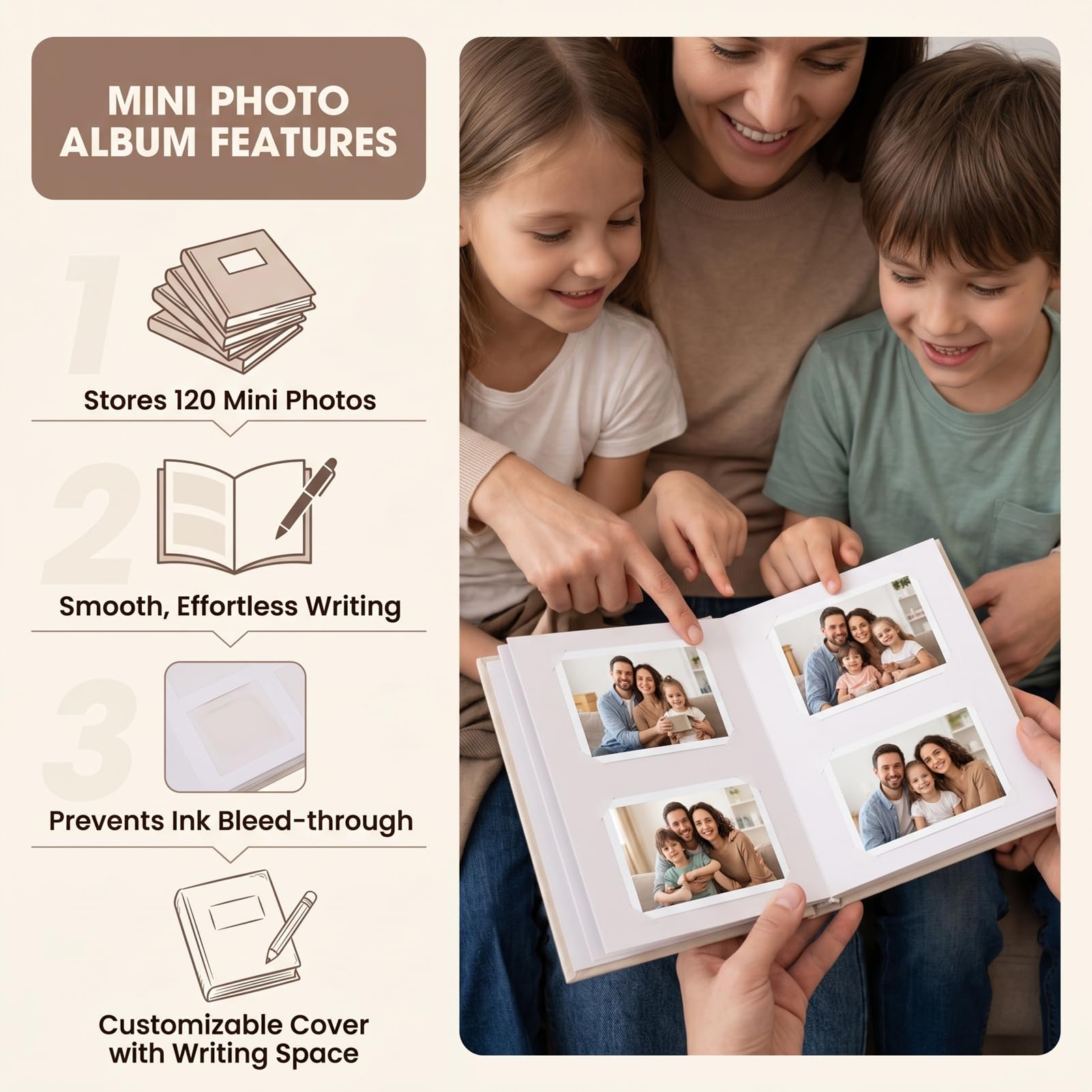 banapoy Álbum Fotos 120 Bolsillos Apto para Mini 2x3 Pulgadas (Beige) | Mini álbum almacenamiento imágenes con espacio escritura para colección libros memoria DIY boda, a prueba polvo