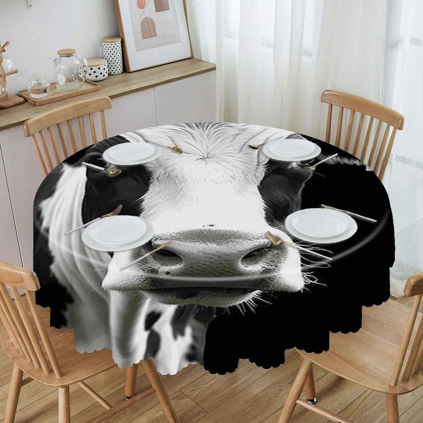 VstaDank Animal Funny Cow Head Black White Round Tablecloth 60 Inch Easy to Clean Circle Table Cover Thick Decorative Round Polyester Table Cloth for Dining Kitchen Party Farmhouse Outdoor